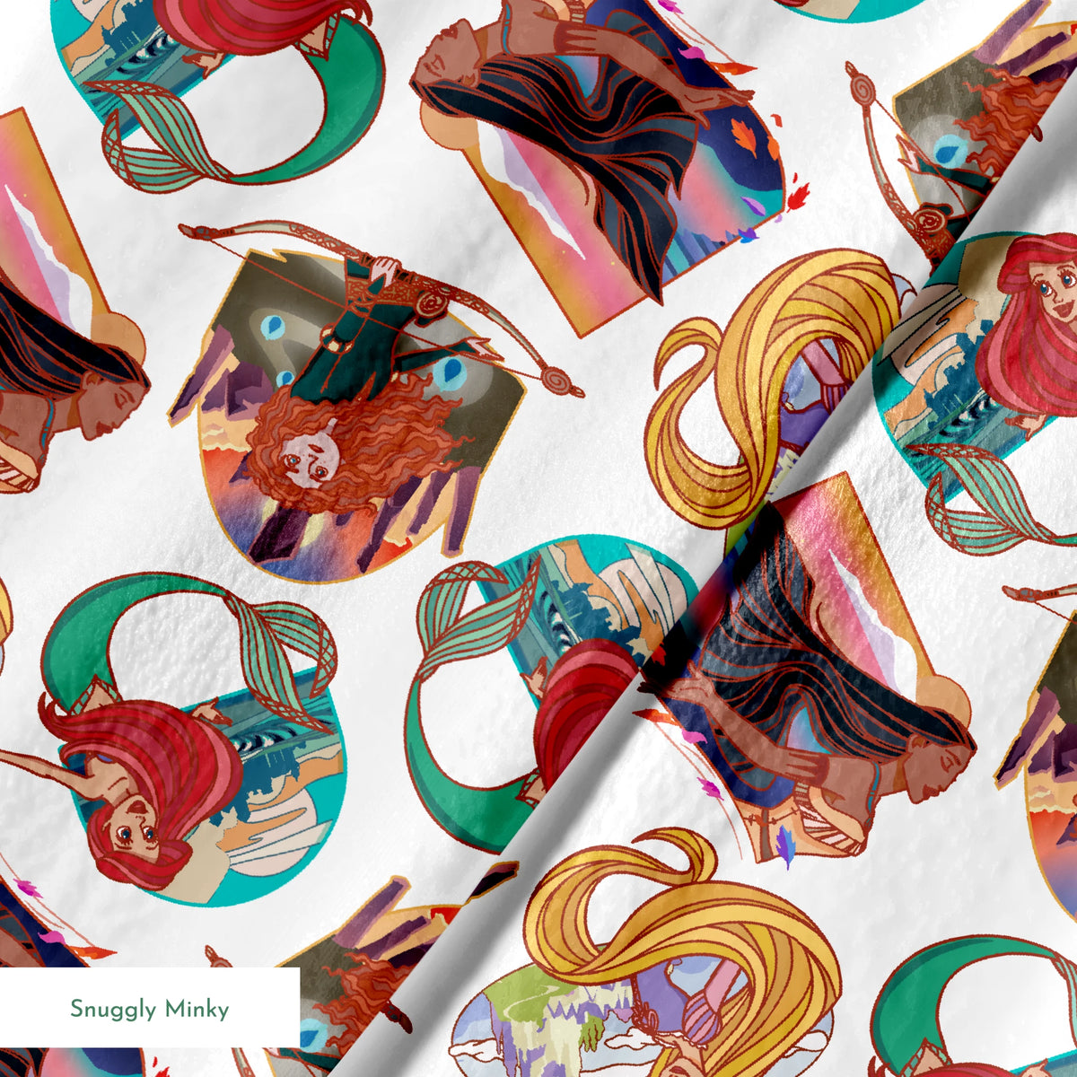 Colorful illustrated pattern of Disney princesses with curved decorative elements on white background springs minky texture