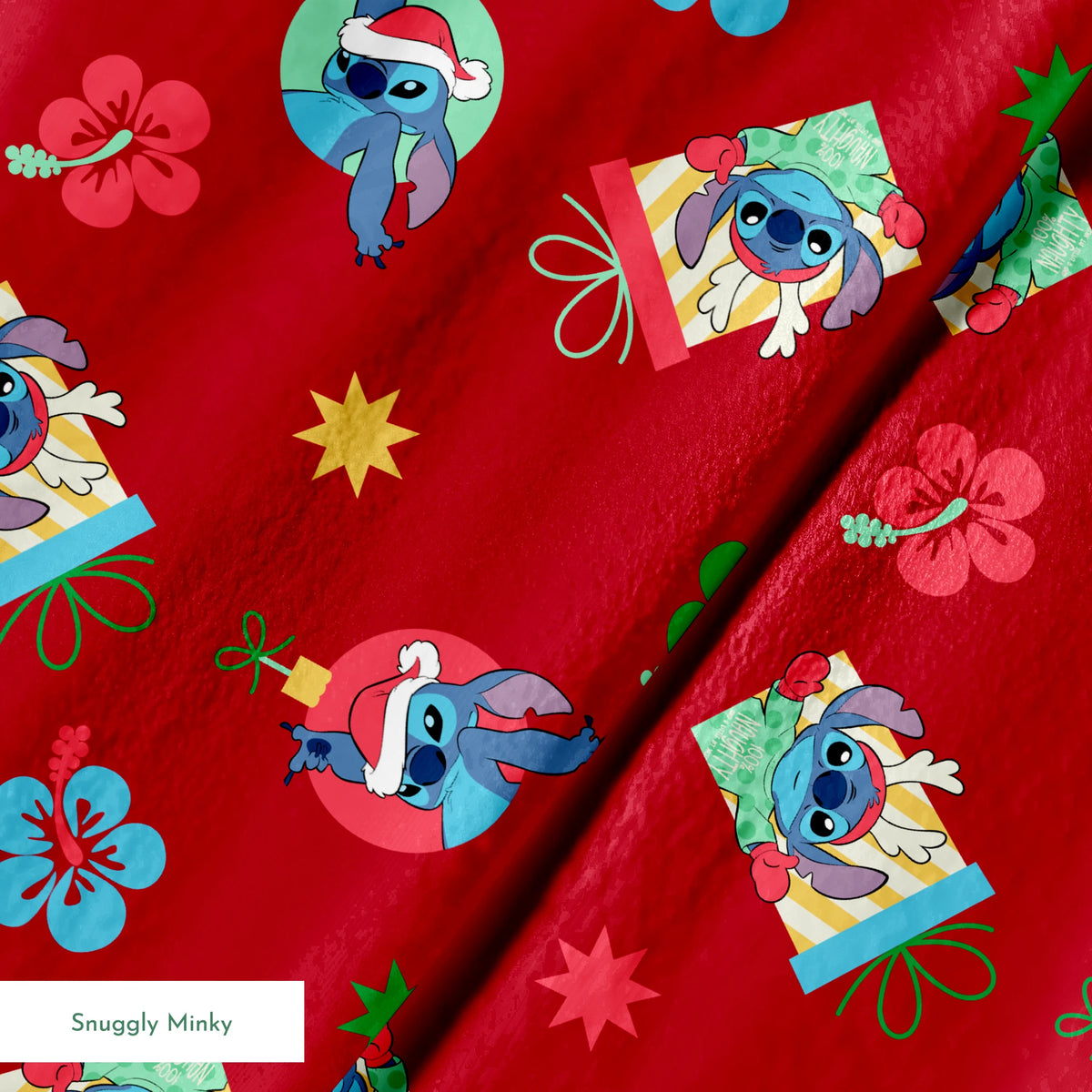 Disney Stitch pattern on red background with flowers and decorative elements springs minky texture