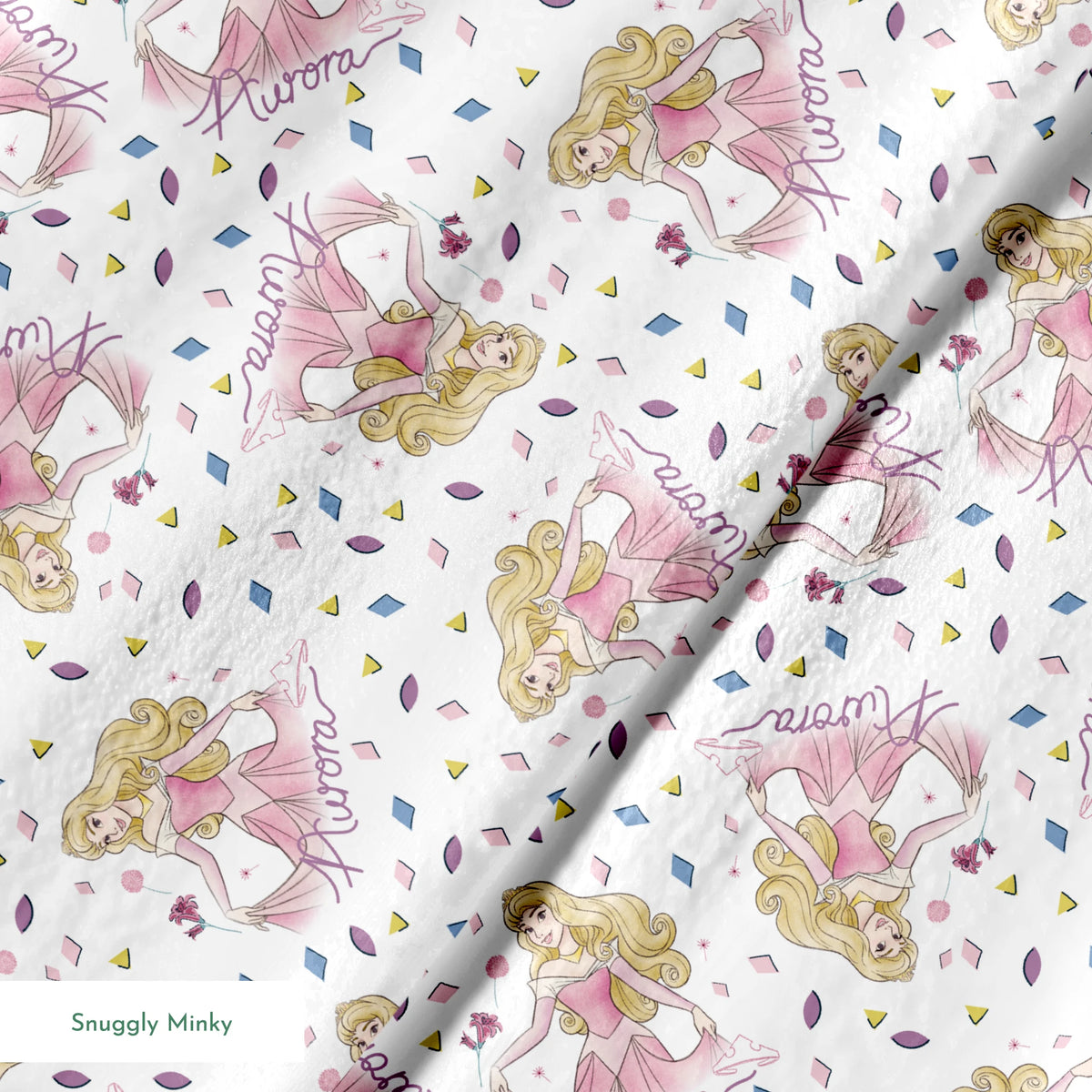 Pattern of Sleeping Beauty, surrounded by colorful diamond shapes on white background springs minky texture
