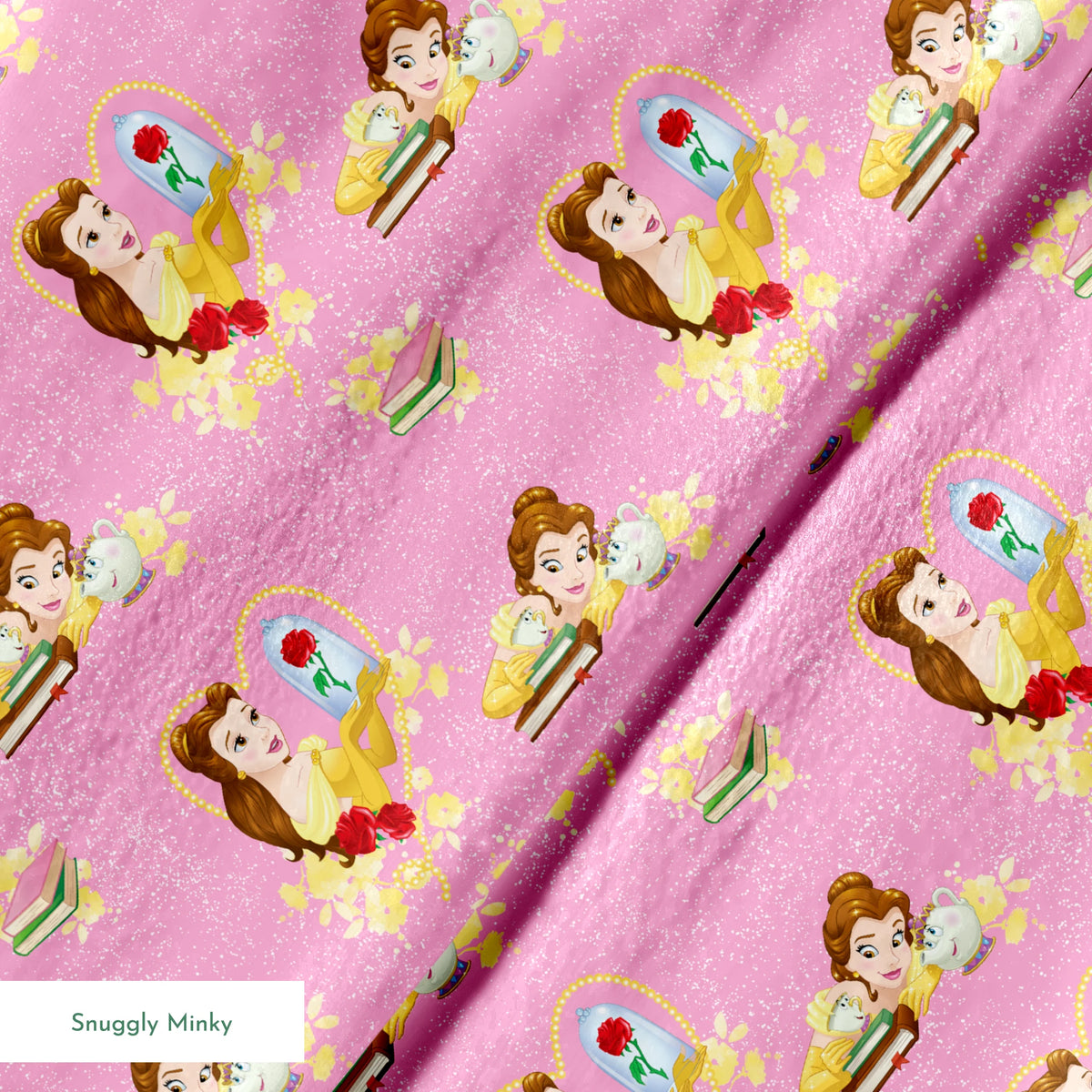 Repeating pattern of Disney's Belle character with enchanted rose and books on pink sparkly background springs minky texture