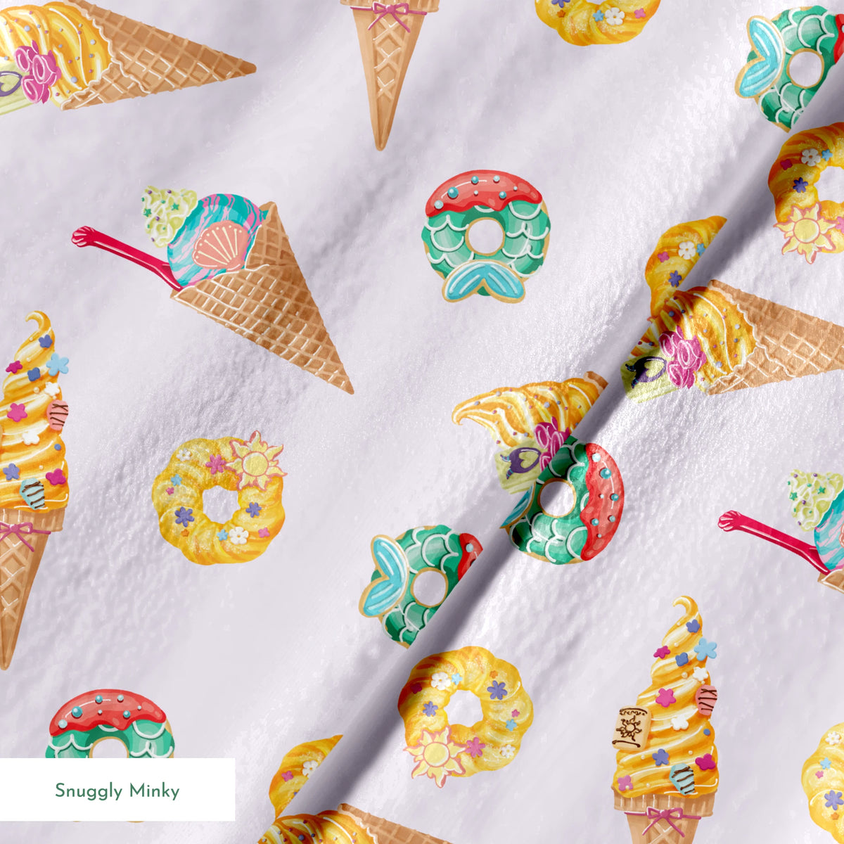 Colorful Disney Princess-inspired ice cream cones and donuts in pastel colors on light purple background springs minky texture