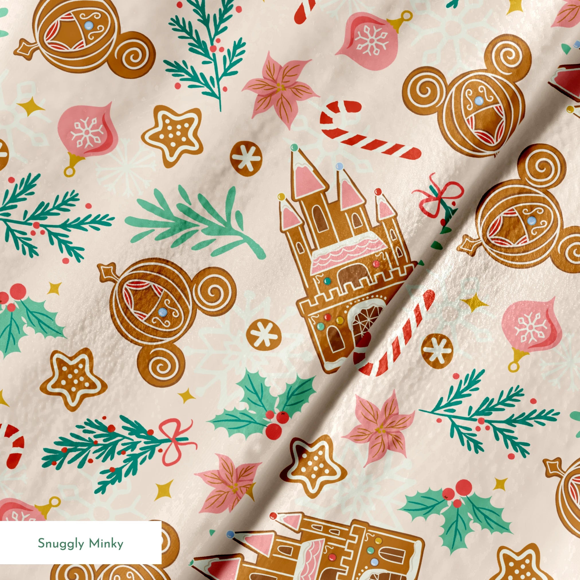 Disney Christmas pattern with gingerbread castles, carriages, candy canes, stars, and pine sprigs in holiday colors springs minky texture