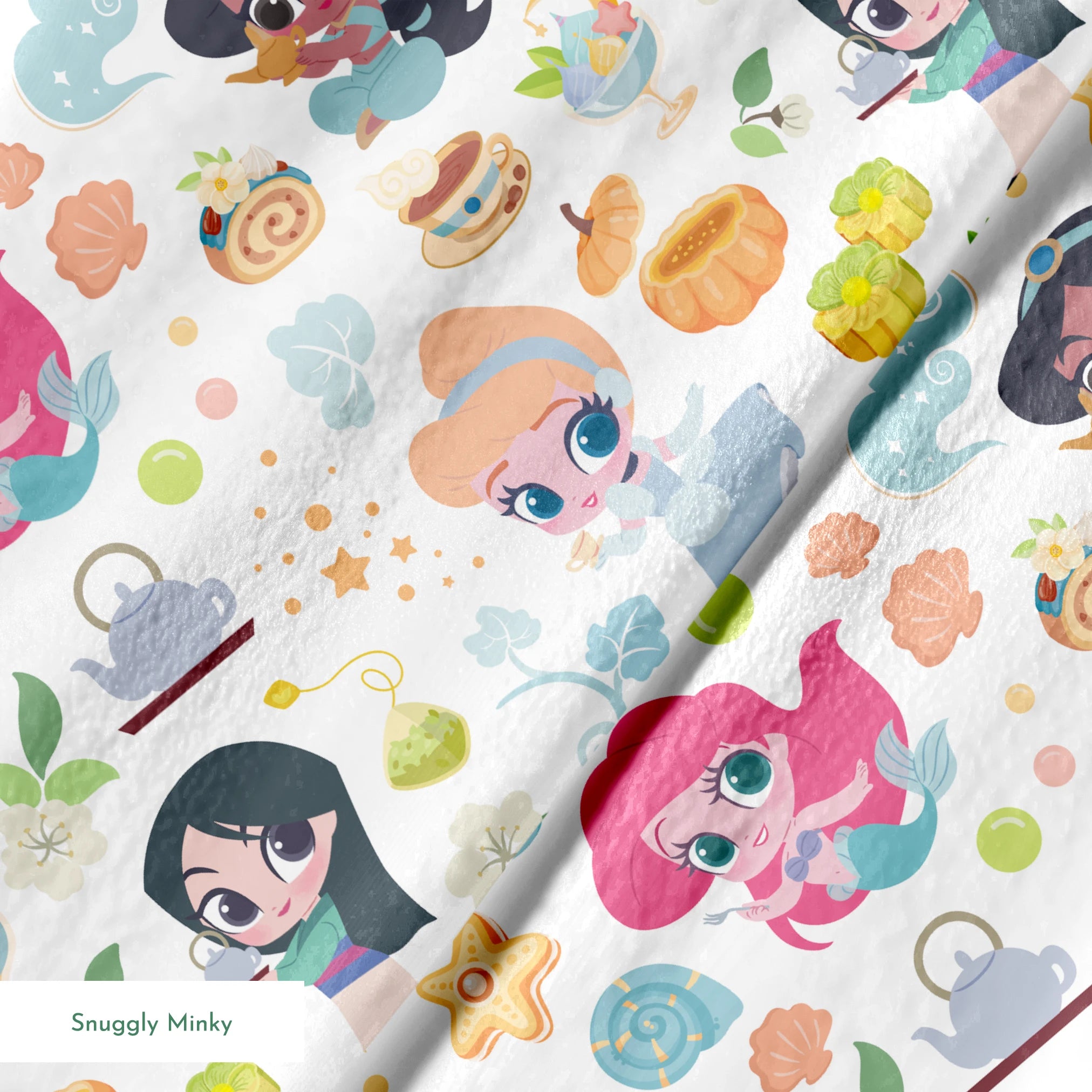 Disney Princess pattern with iconic characters, teapots, shells, sweets and gift boxes on white background springs minky texture