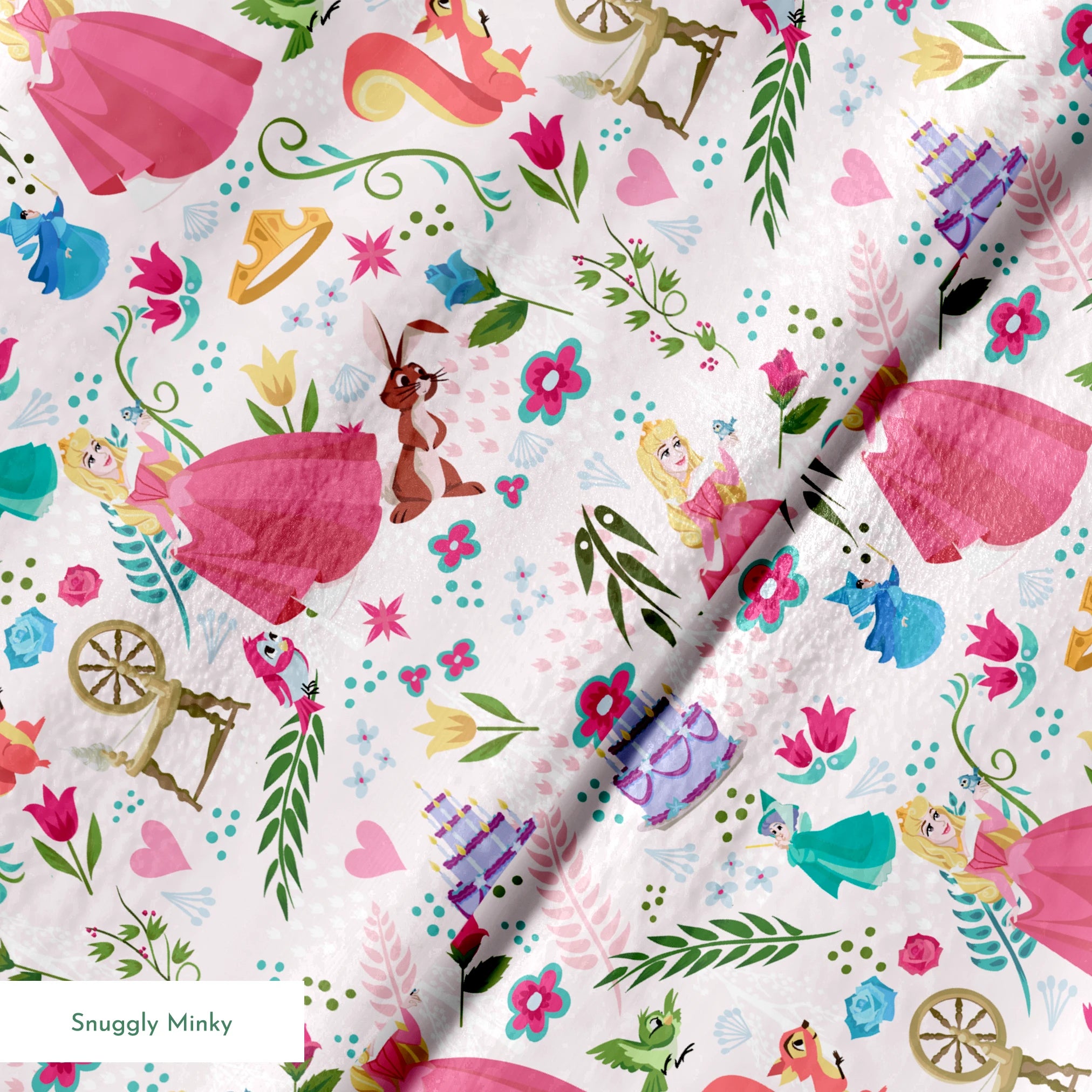 Colorful Sleeping Beauty pattern with Aurora, animals, flowers, spinning wheel, and cake on light background springs minky texture