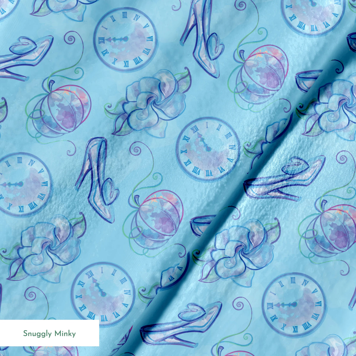 Whimsical Cinderella-themed pattern with glass slippers, pumpkins, clocks, and ribbons in soft blue and purple tones springs minky texture