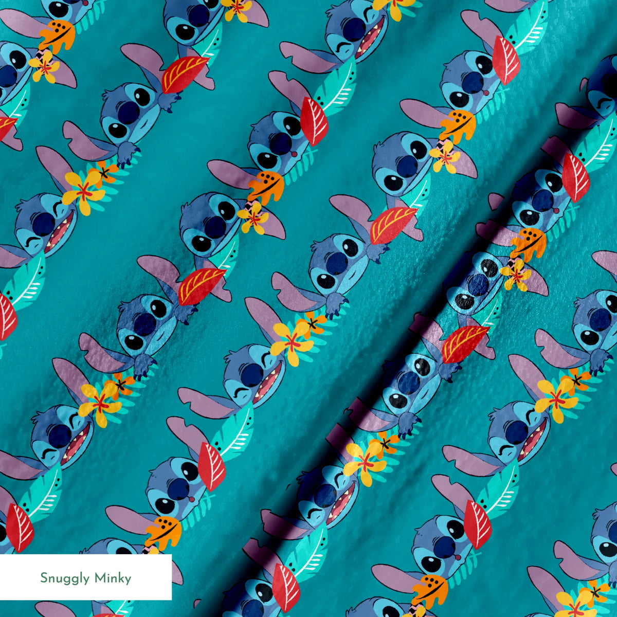 Repeating stripe design with Disney’s Stitch peeking between rows of tropical hibiscus flowers and colorful leaves on a teal background. springs minky texture