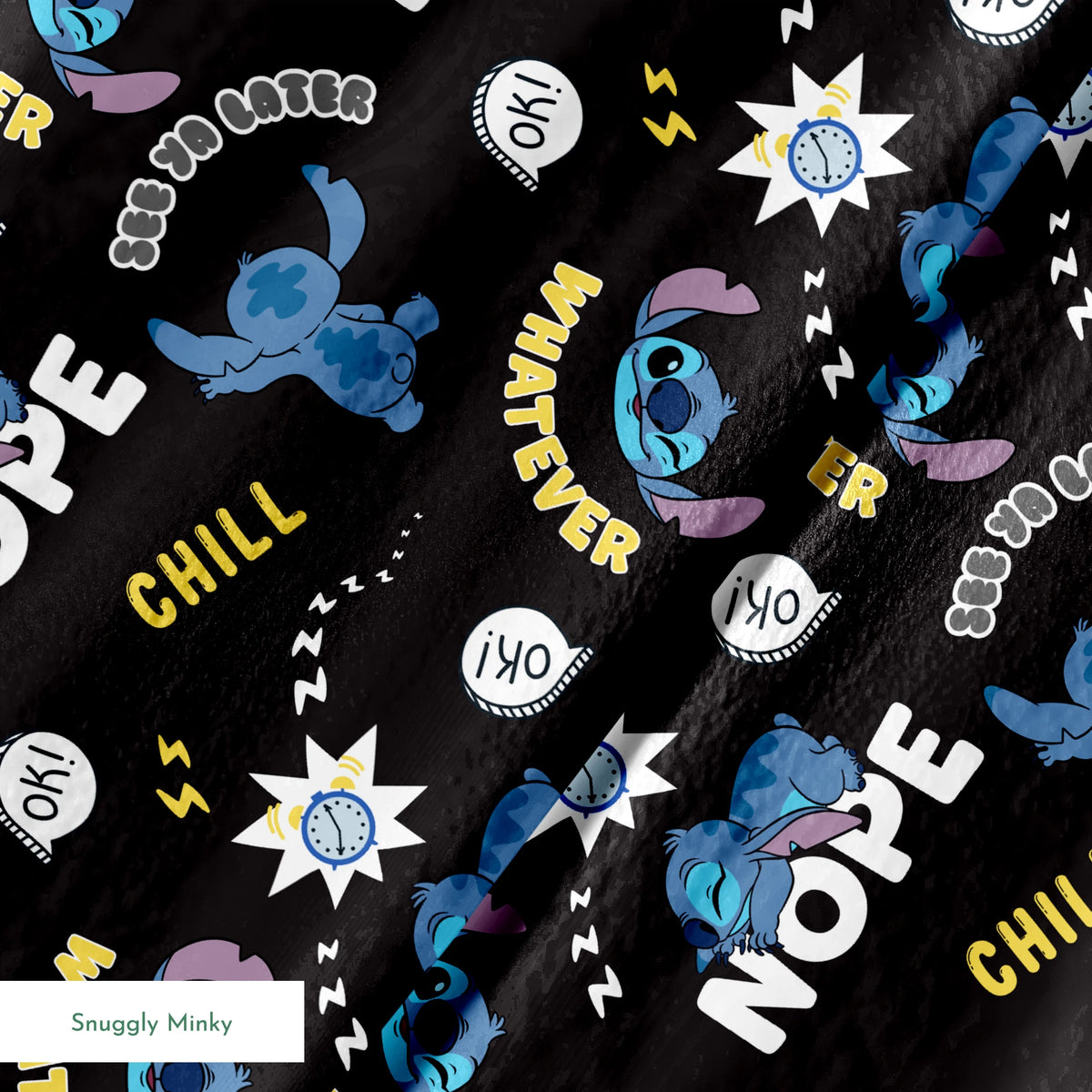 Disney Stitch pattern on black background with text "NOPE," "CHILL," "OK!" and sleep symbols springs minky texture