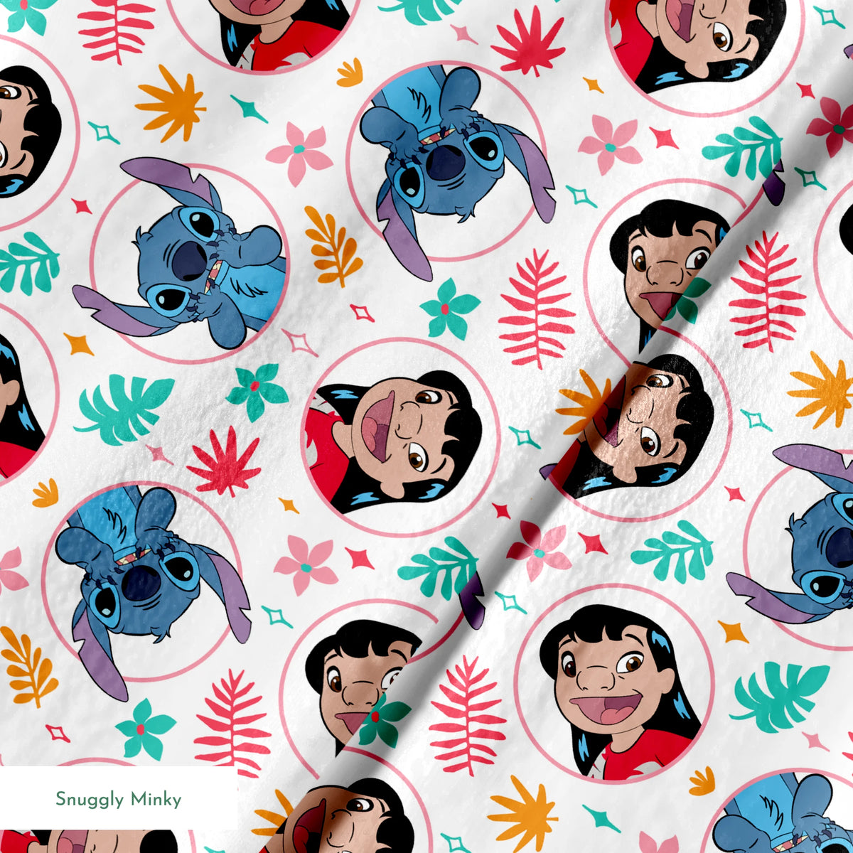 Colorful cartoon pattern with Lilo and Stitch in circles, surrounded by tropical leaves and stars springs minky texture