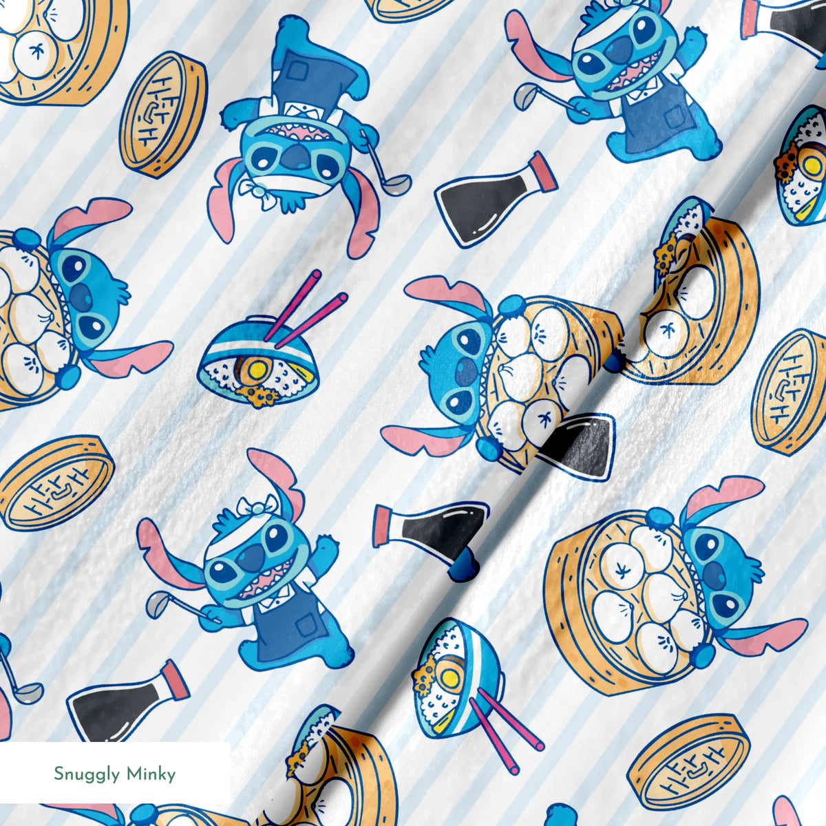 Cartoon Stitch with Chinese dim sum and dumplings on light blue striped background springs minky texture