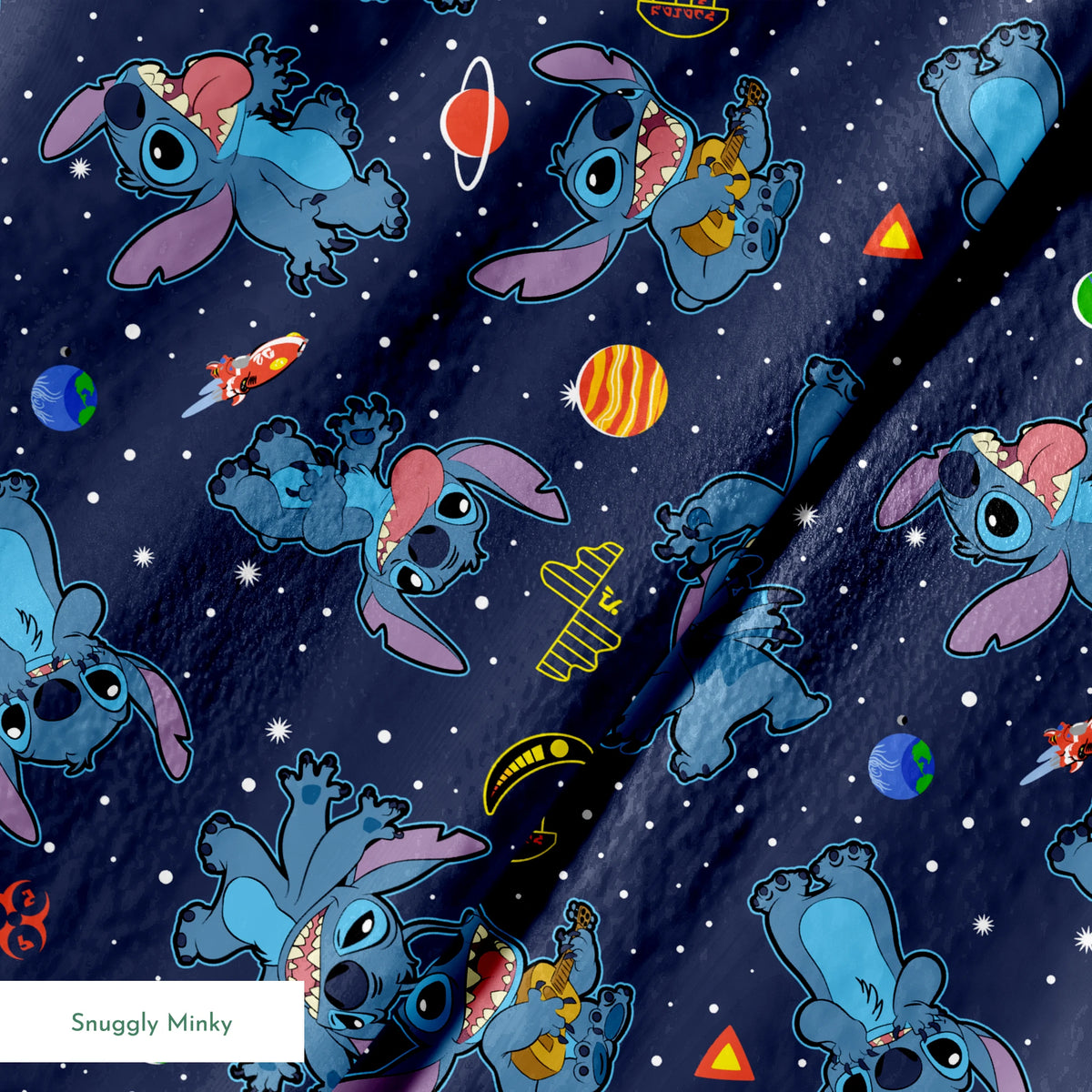 Disney's Stitch floating in space with planets, stars, and spaceships on dark background pattern springs minky texture
