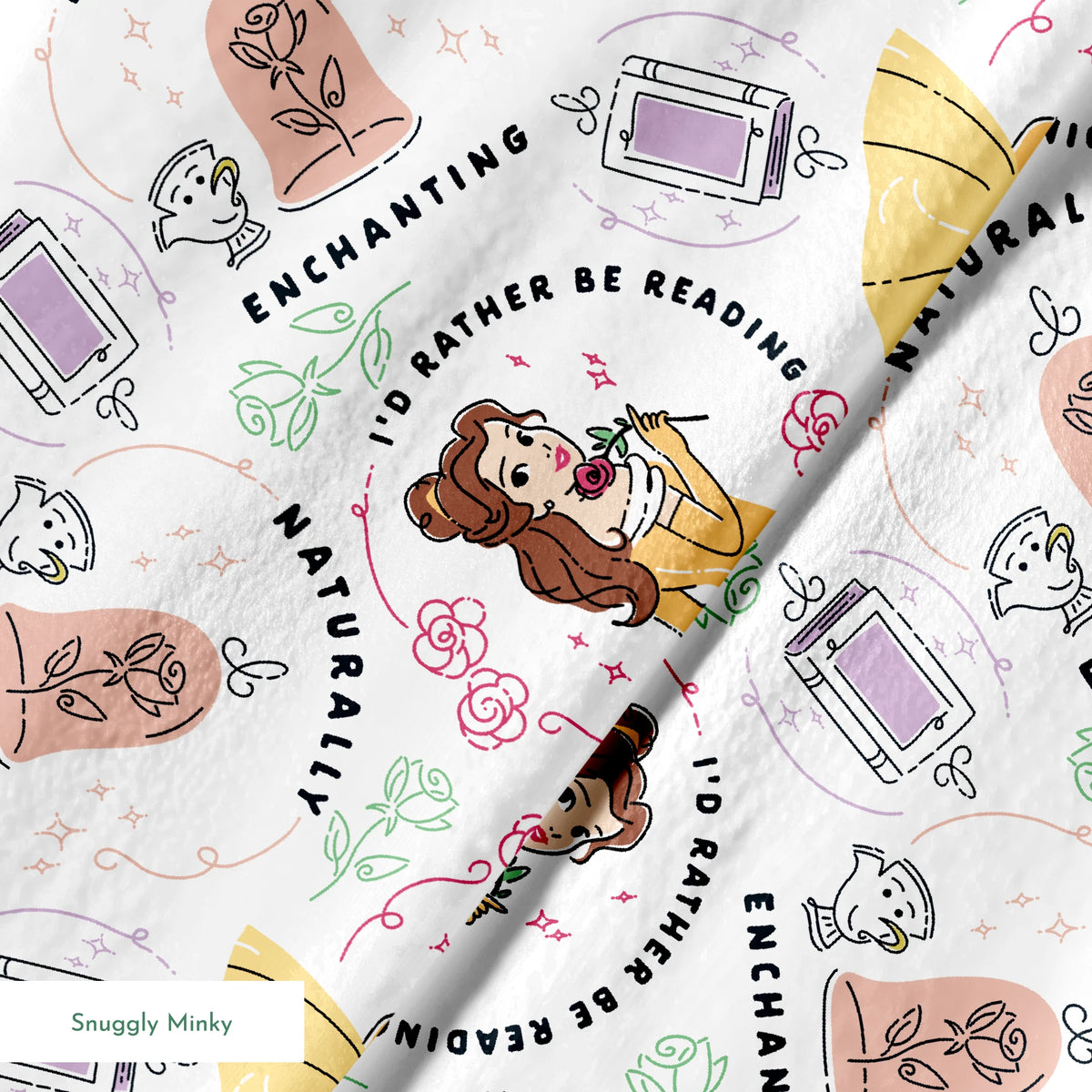 Pattern of cartoon princess in yellow dress with roses, perfume bottles, and phrases like "Enchanting" and "I'd rather be dreaming springs minky texture