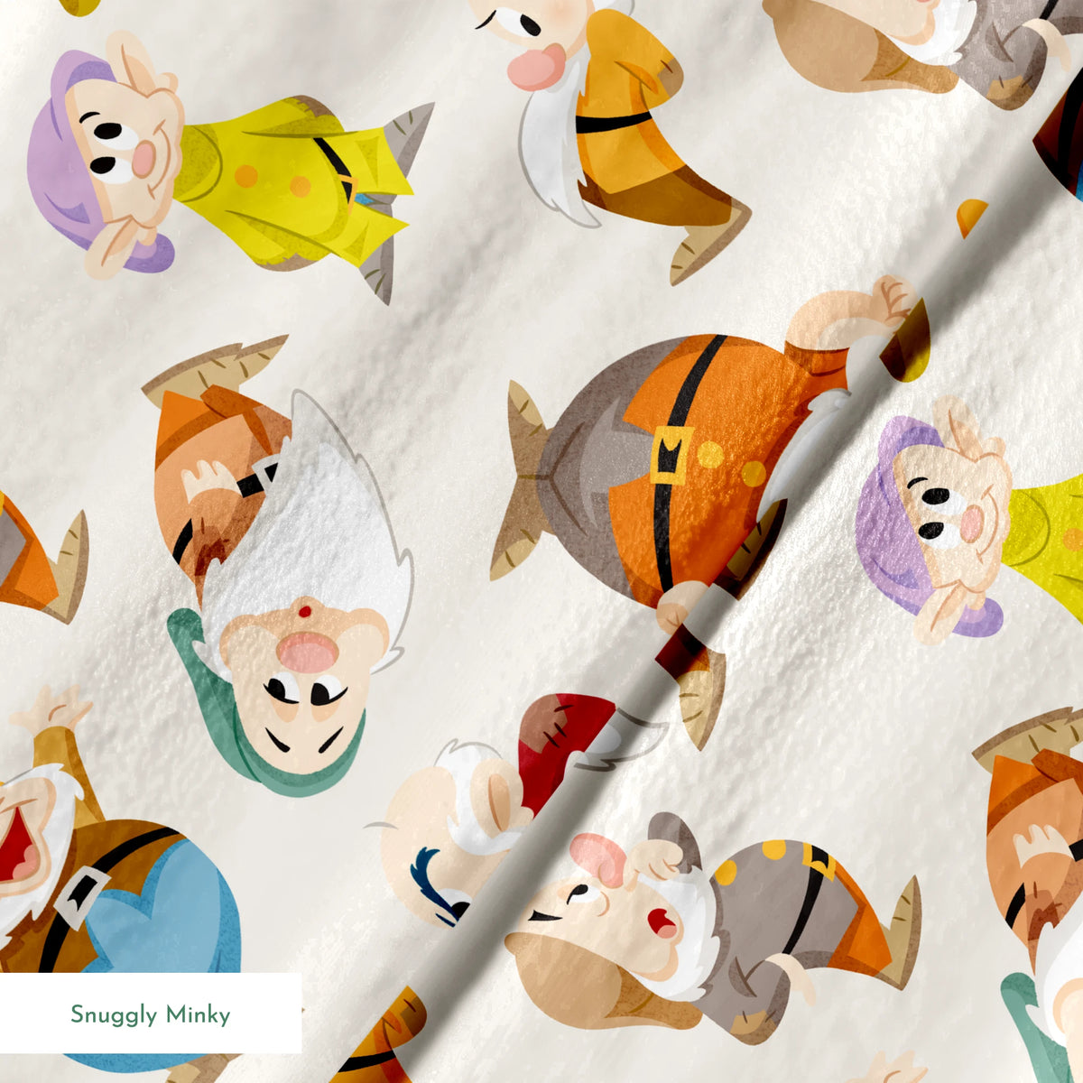 Colorful pattern of small cartoon dwarfs in different colored outfits and hats scattered on cream background springs minky texture