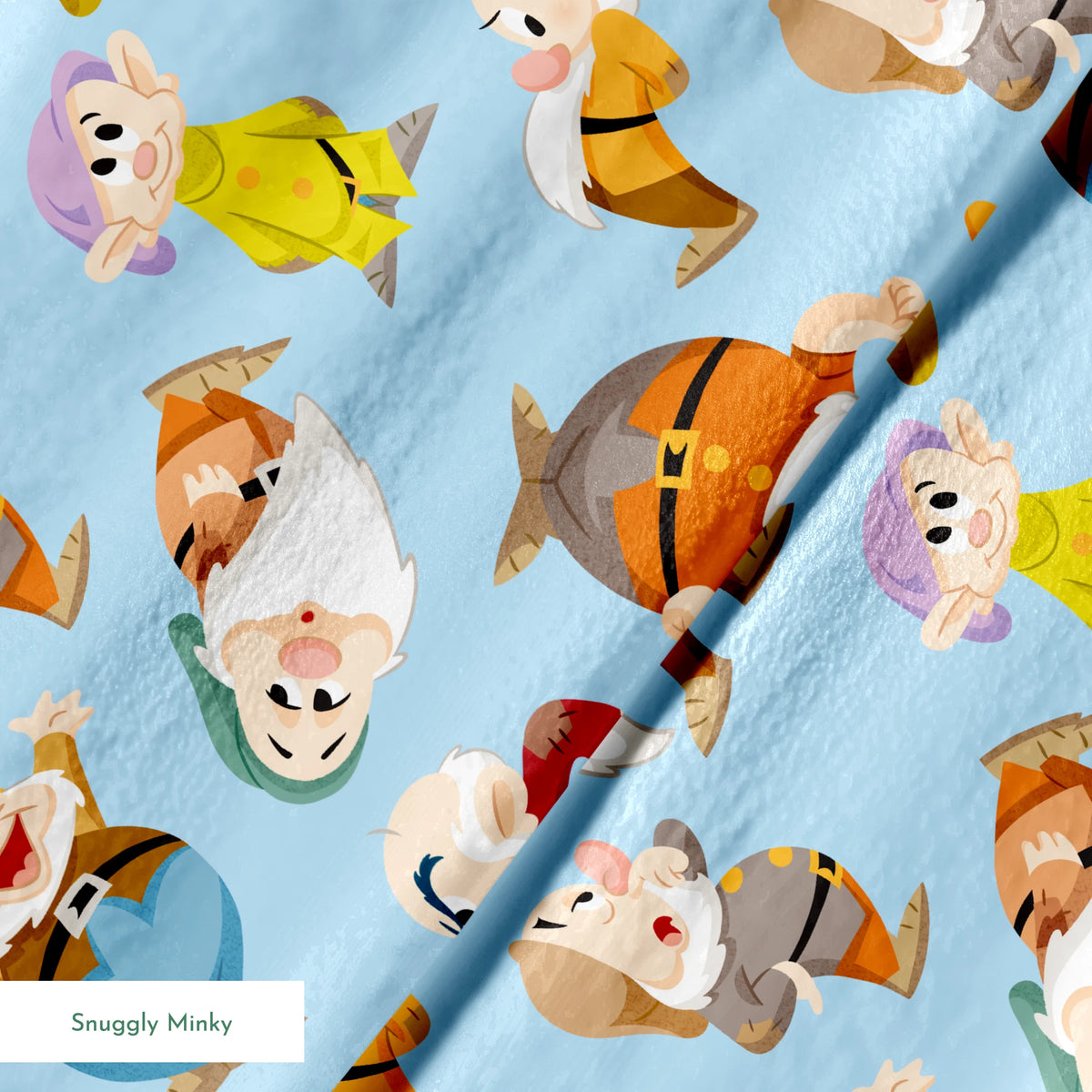 Pattern of cartoon dwarfs in colorful outfits on light blue background springs minky texture