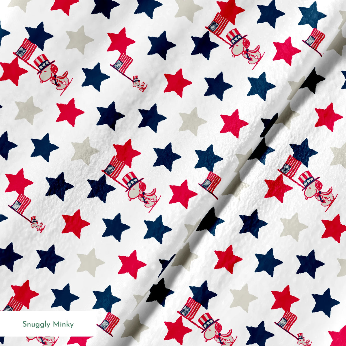 Peanuts Patriotic pattern with red, white, and blue stars alongside American flag poles on white background springs minky texture