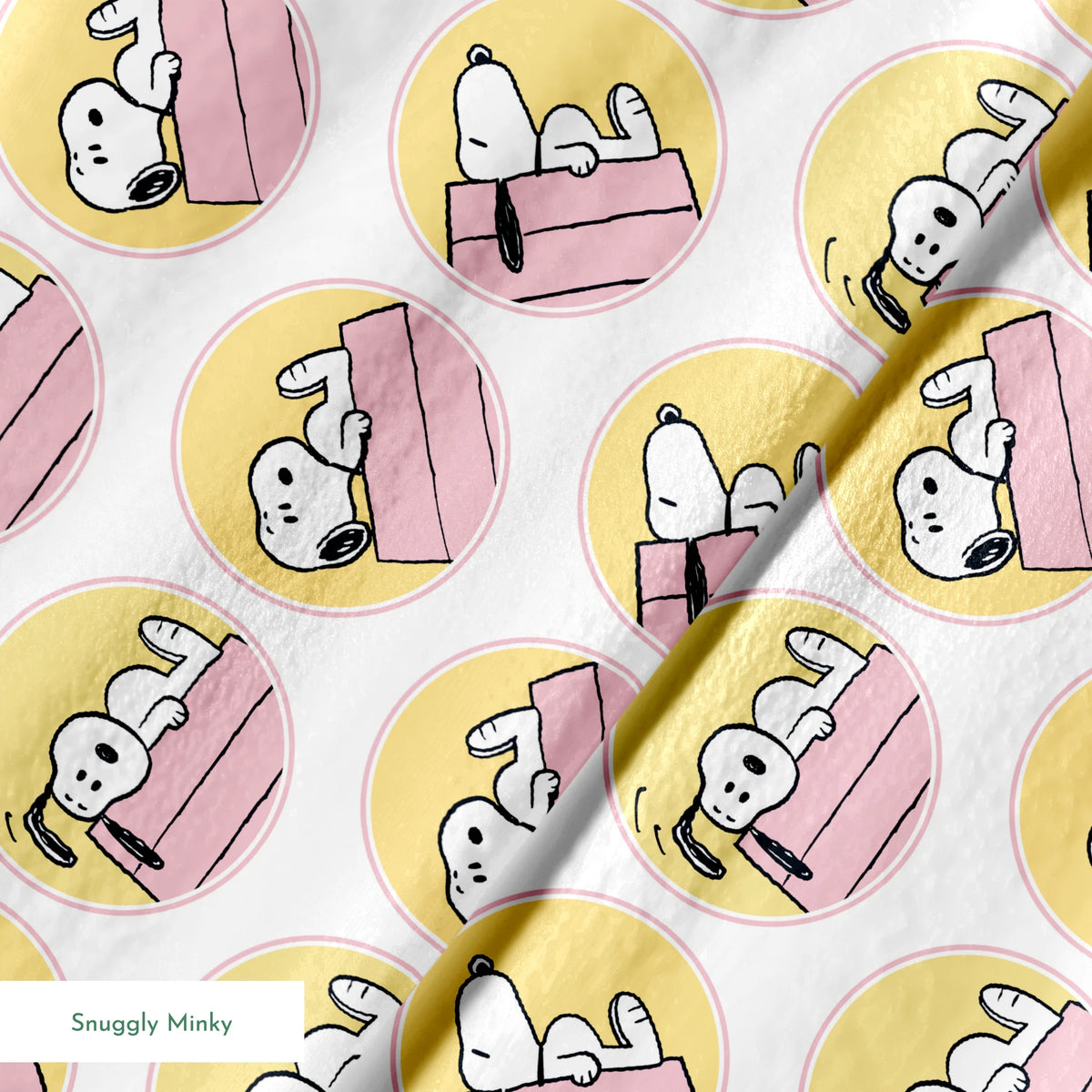 Snoopy lounging on pink doghouse roof in various poses, arranged in circular yellow frames springs minky texture