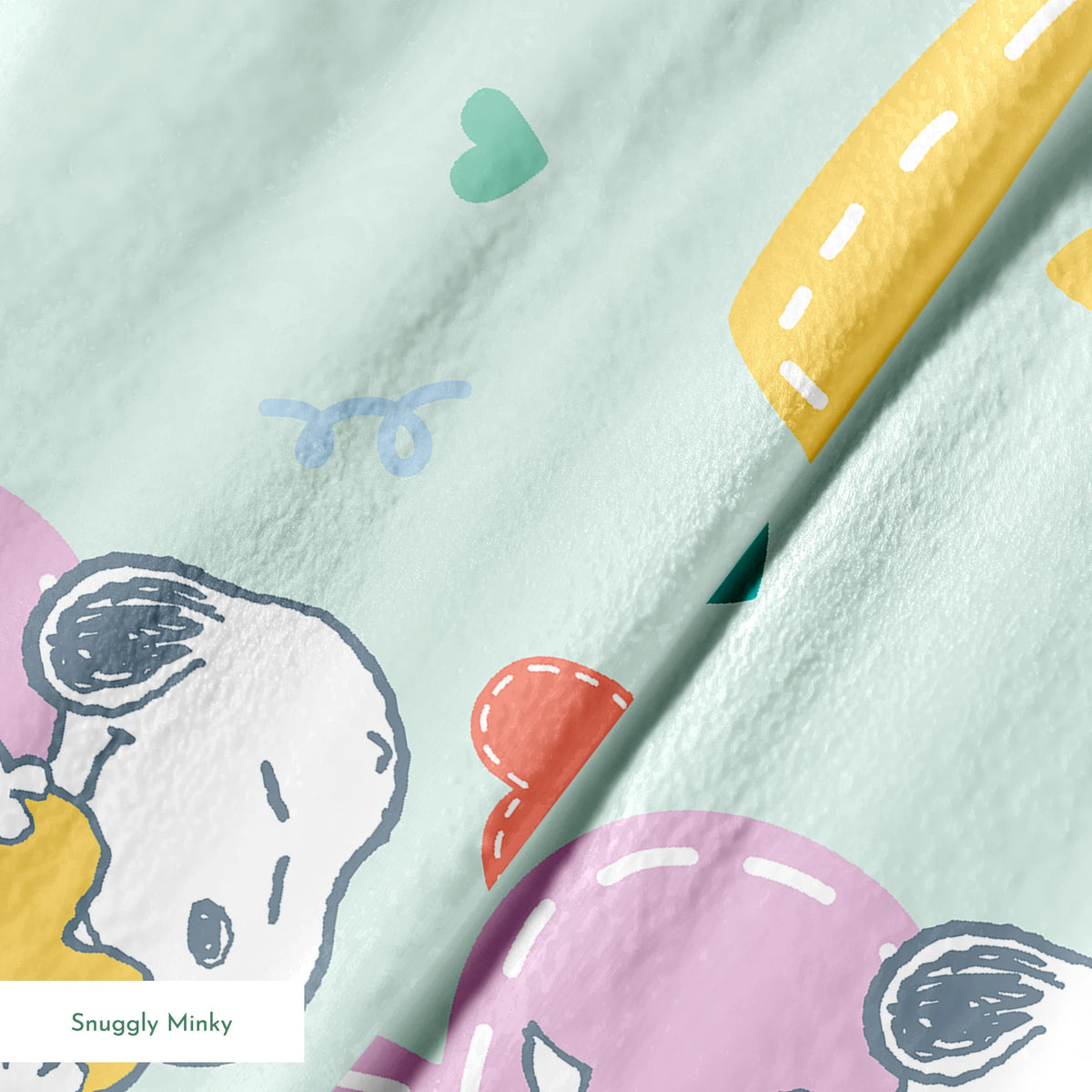 Cartoon Snoopy pattern with colorful hearts on mint green background, featuring different Snoopy poses springs minky texture