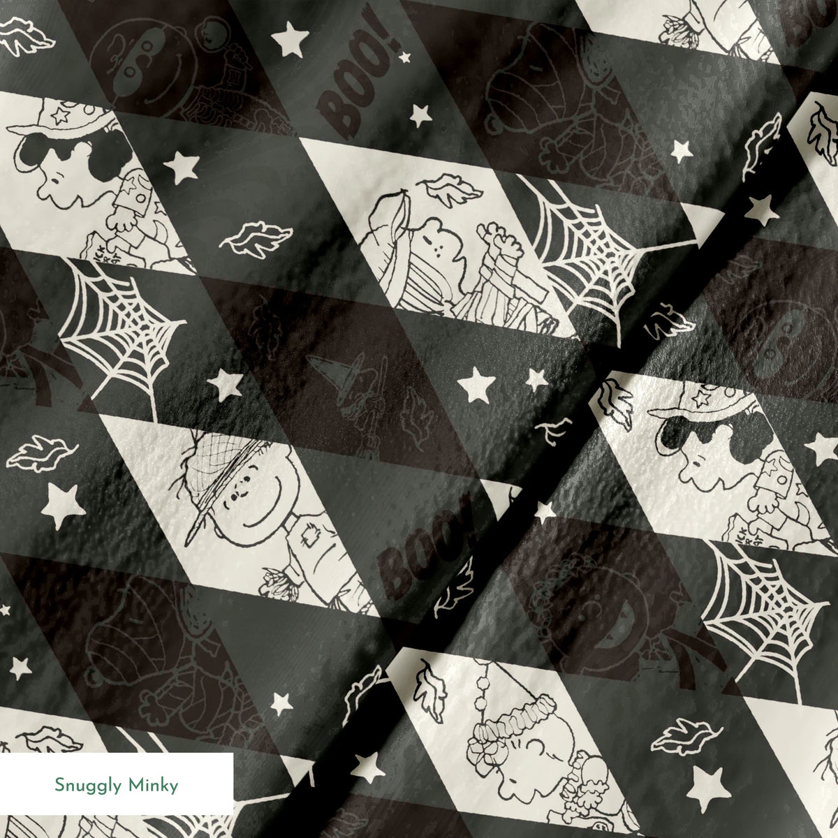 Diamond pattern with Peanuts characters and Halloween motifs in black and cream, featuring spider webs, stars, and "BOO!" text. springs minky texture