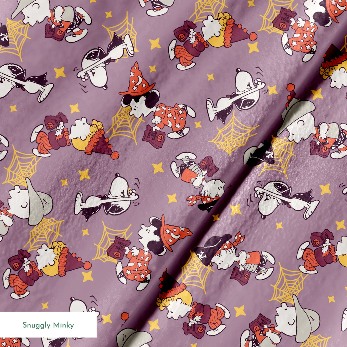 Snoopy and Peanuts characters in fall outfits with pumpkins and stars on purple background springs minky texture
