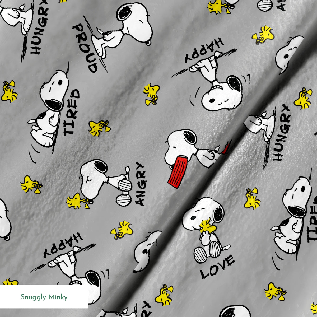 Snoopy cartoon pattern on gray background with emotions like "Hungry" and "Love" with Woodstock springs minky texture