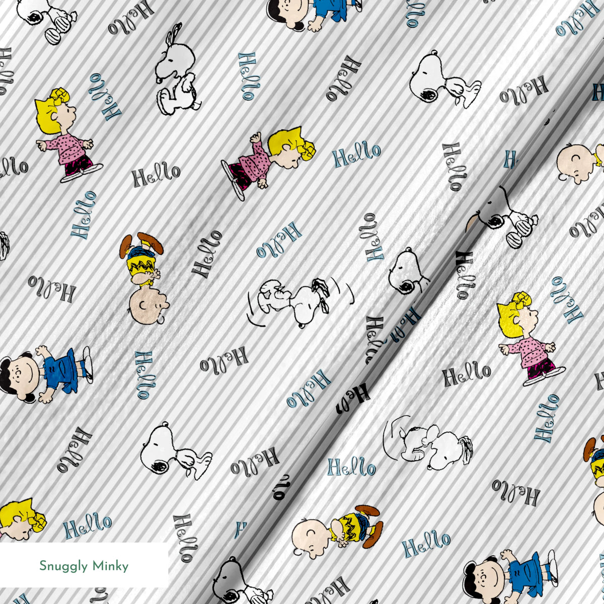 Peanuts cartoon characters scattered on striped background with "hello" text, featuring Snoopy, Charlie Brown, and friends springs minky texture