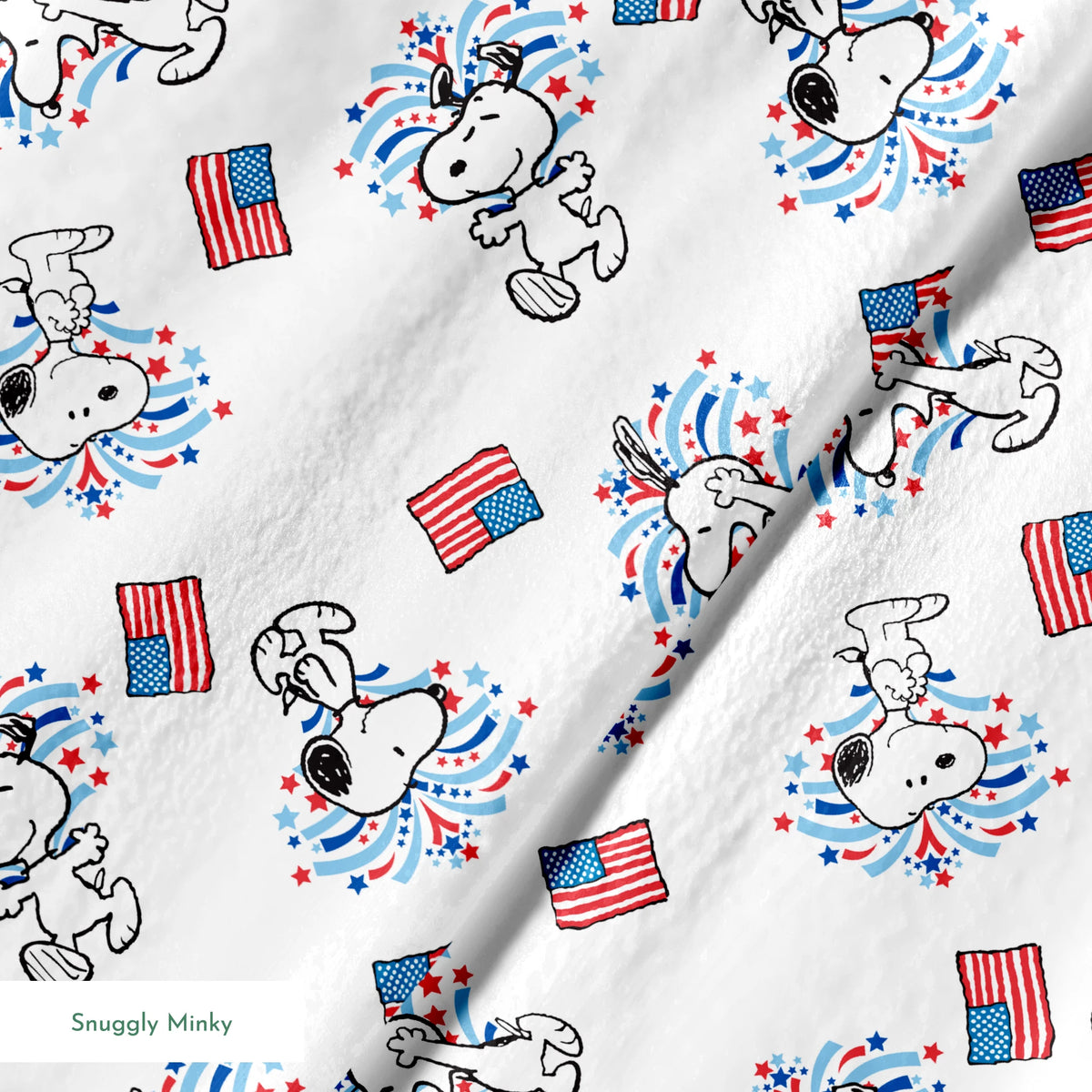 Snoopy with red and blue fireworks pattern alongside American flags on white background springs minky texture