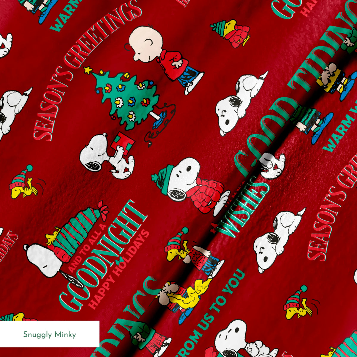 Colorful Peanuts Christmas pattern with Snoopy, Woodstock, and friends with holiday phrases on red background springs minky texture