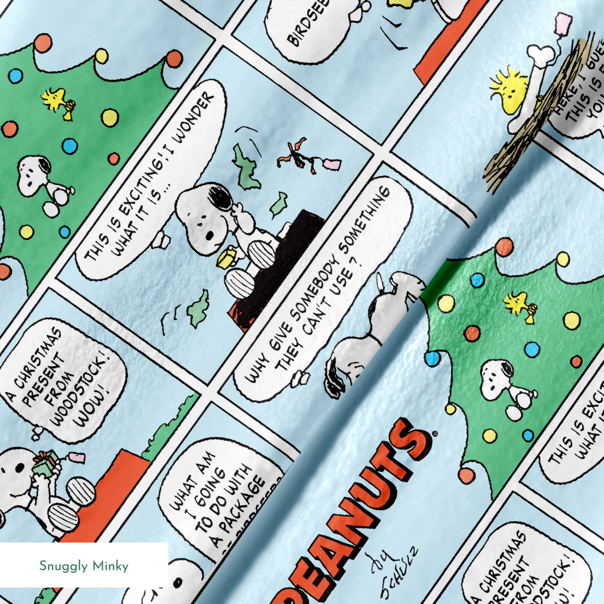 This is a Peanuts comic strip featuring Snoopy on his red doghouse with a Christmas tree visible. The panels show Snoopy preparing and decorating his doghouse for the holidays, with his yellow bird friend Woodstock appearing in a nest with Christmas lights. springs minky texture