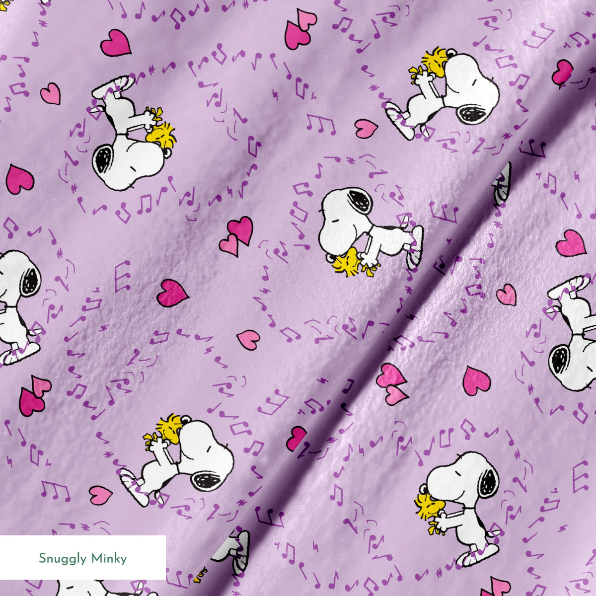 Snoopy and Woodstock on purple background with pink hearts and music notes springs minky texture