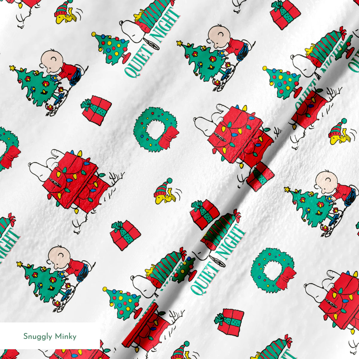 Peanuts Christmas pattern with Snoopy's decorated doghouse, trees, wreaths, and "Quiet Night" text springs minky texture