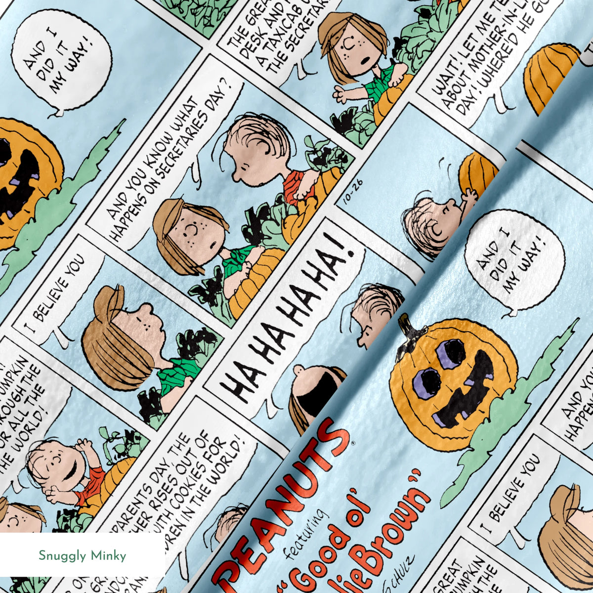 Peanuts comic strip featuring "Great Pumpkin" Halloween storyline with cartoon children and jack-o'-lantern imagery across multiple panels. springs minky texture