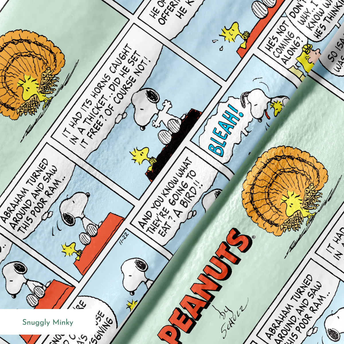 A Peanuts comic strip featuring Snoopy on his red doghouse, shown in multiple panels with Thanksgiving and food-related humor throughout the colorful Sunday format. springs minky texture