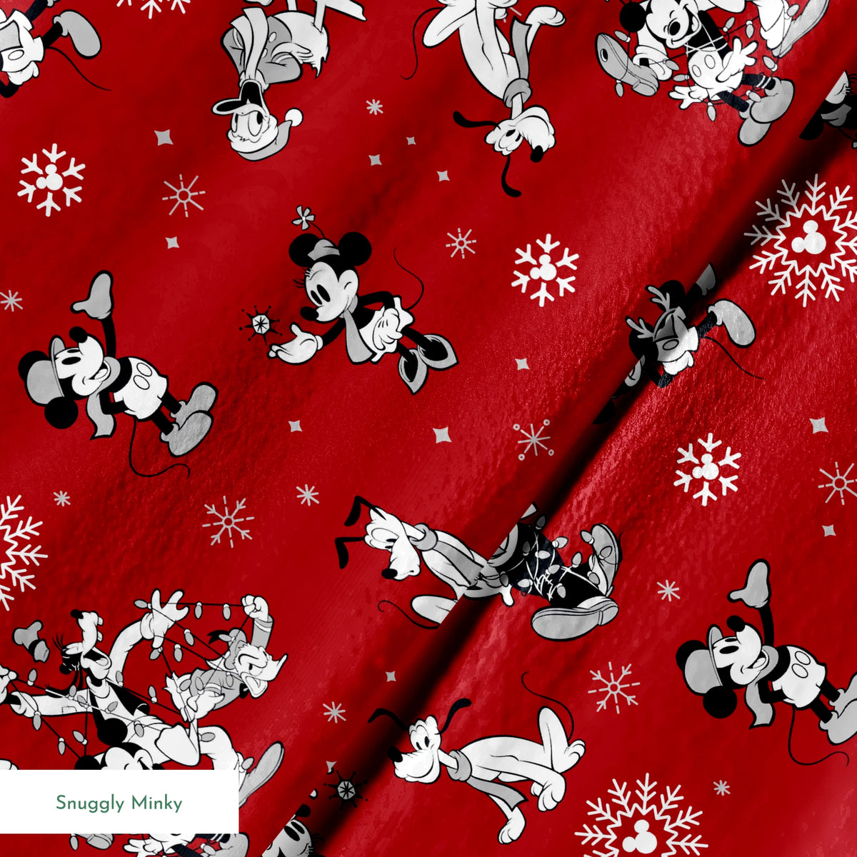 Christmas pattern with Disney characters and snowflakes on red background springs minky texture