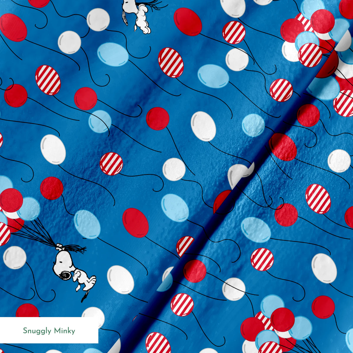 Snoopy patriotic blue pattern with red, white, and blue balloons and stars in American flag style springs minky texture