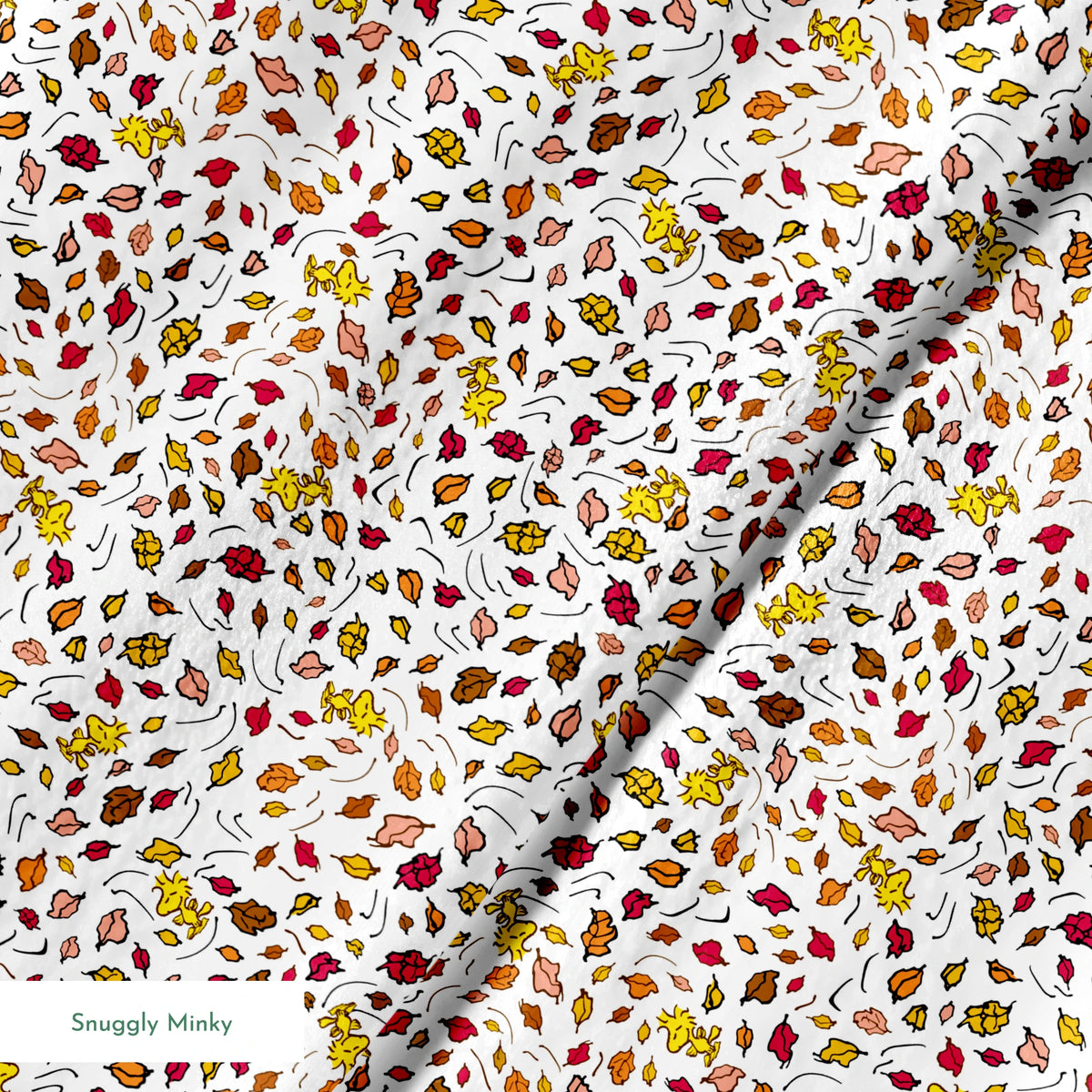 Colorful Peanuts autumn leaves pattern with Woodstock and yellow, red, and brown foliage scattered on white background springs minky texture