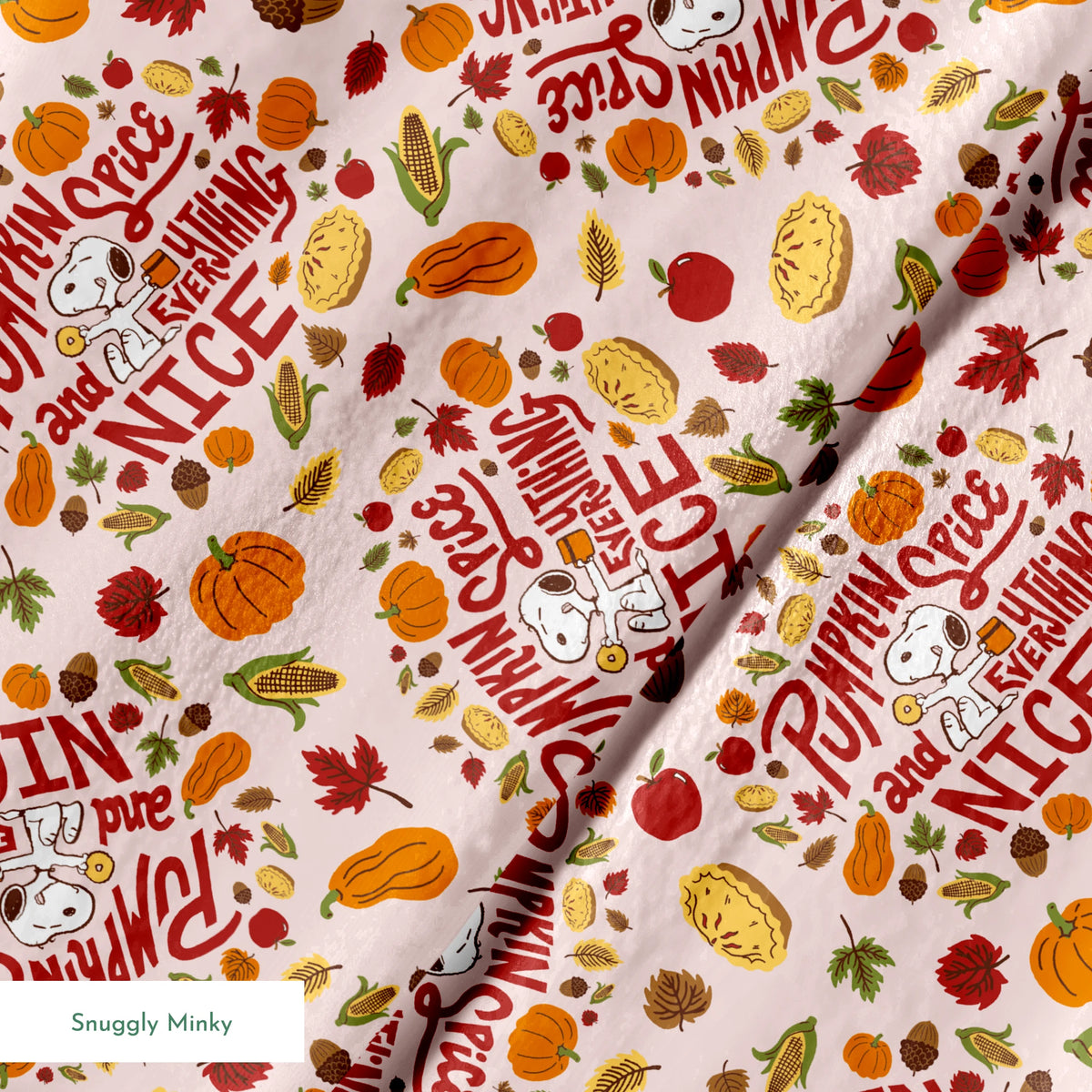 Fall Peanuts pattern with pumpkin spice phrases, autumn leaves, pumpkins, pine cones and Snoopy characters on a beige background springs minky texture