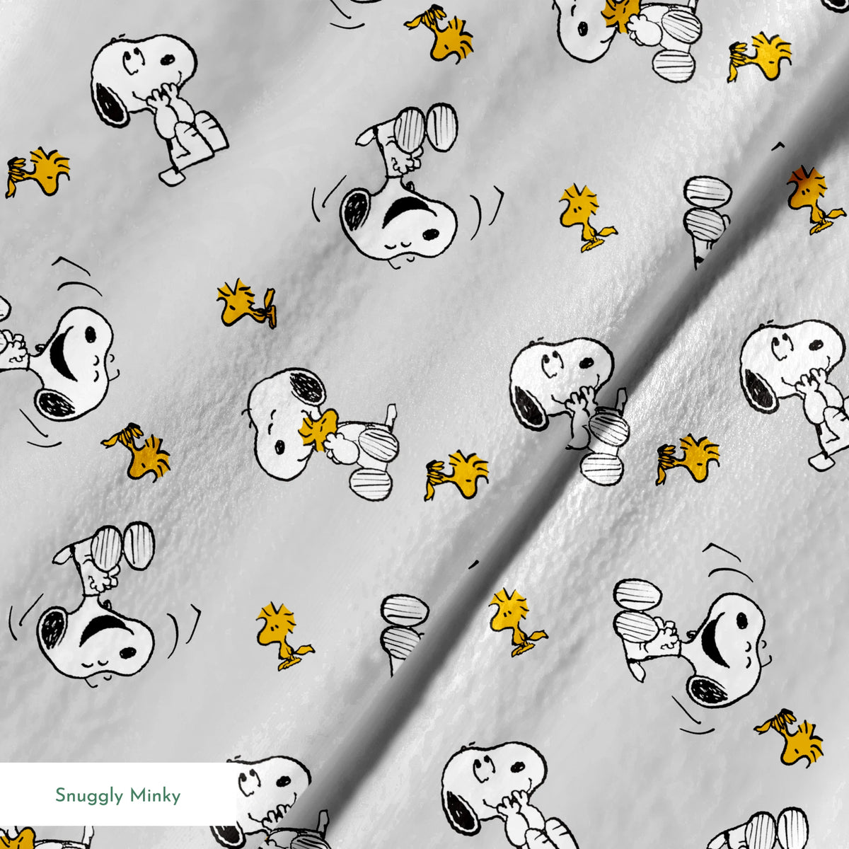 Pattern of Peanut's Snoopy and Woodstock on light gray background springs minky texture