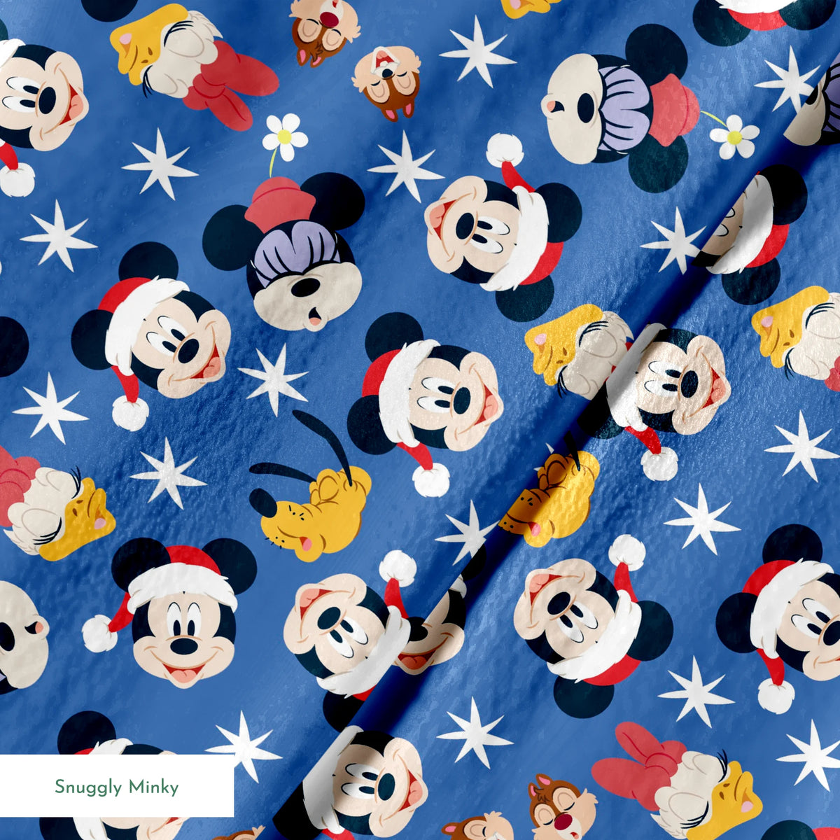Mickey Mouse Christmas pattern with Santa hats, cupcakes and snowflakes on blue background springs minky texture