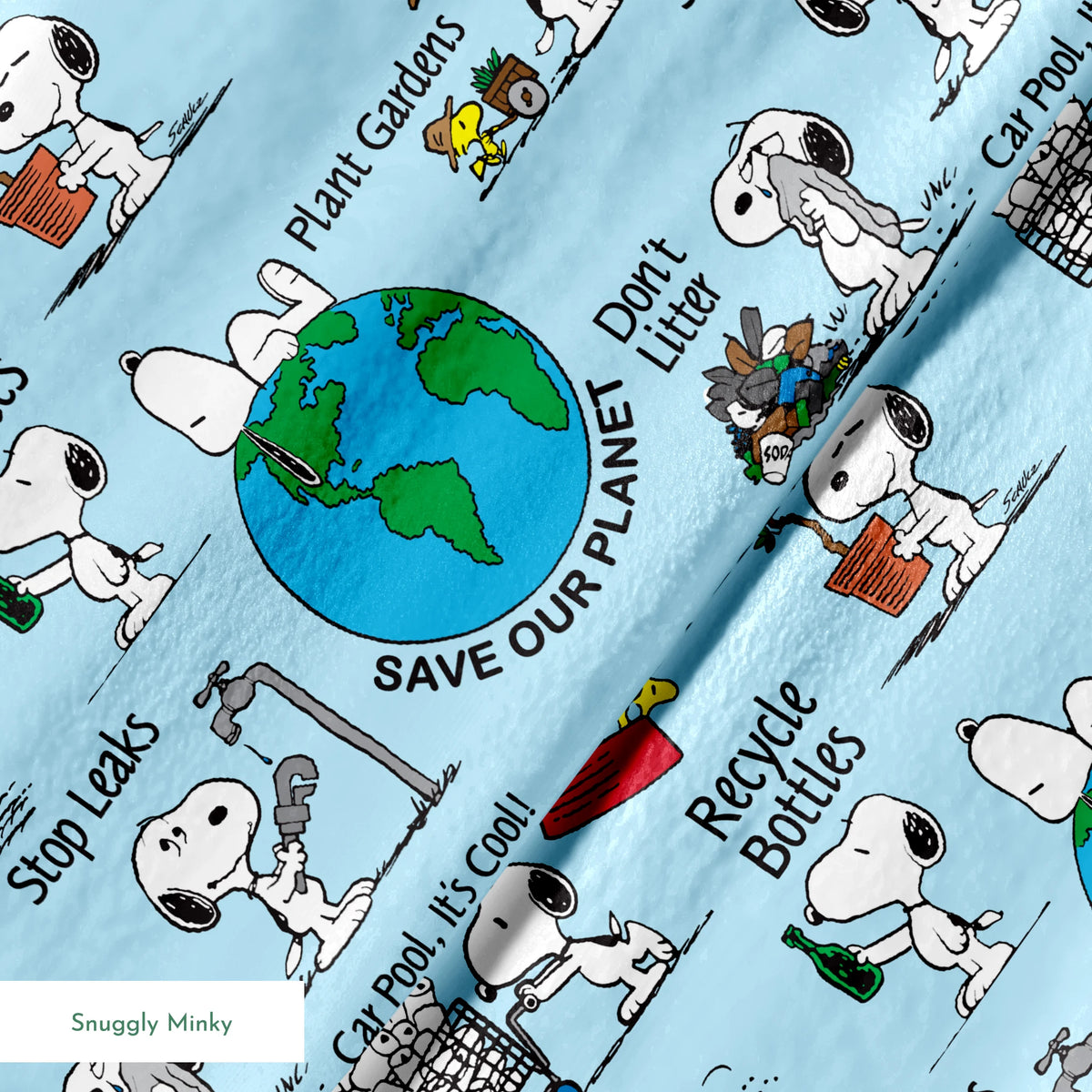 Snoopy cartoon dog in environmental scenes with Earth graphic and eco-friendly messages like "Plant a Tree" and "Recycle springs minky texture