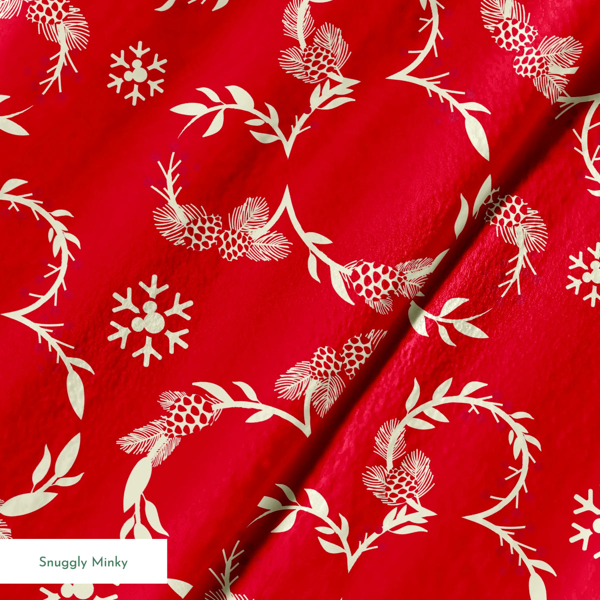 Festive red background with white floral wreaths, pine cones, and snowflake patterns springs minky texture