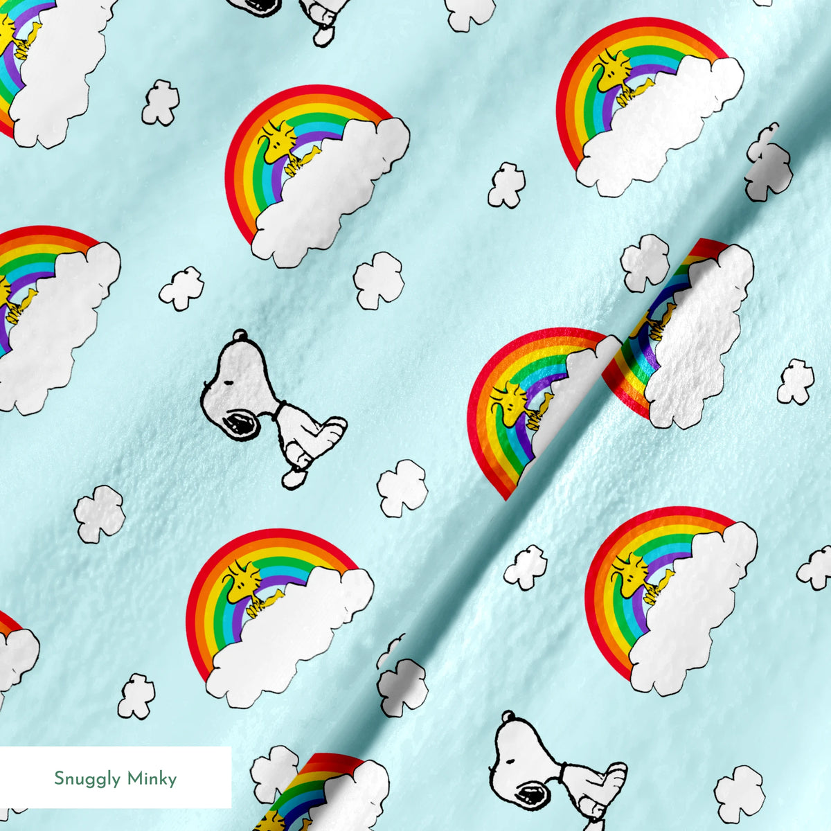Snoopy and Woodstock characters on light blue background with rainbows, clouds and white fluffy clouds springs minky texture
