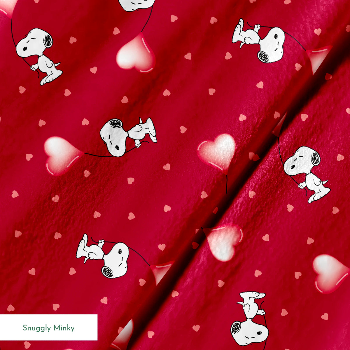Snoopy scattered on red background with pink and white hearts pattern springs minky texture