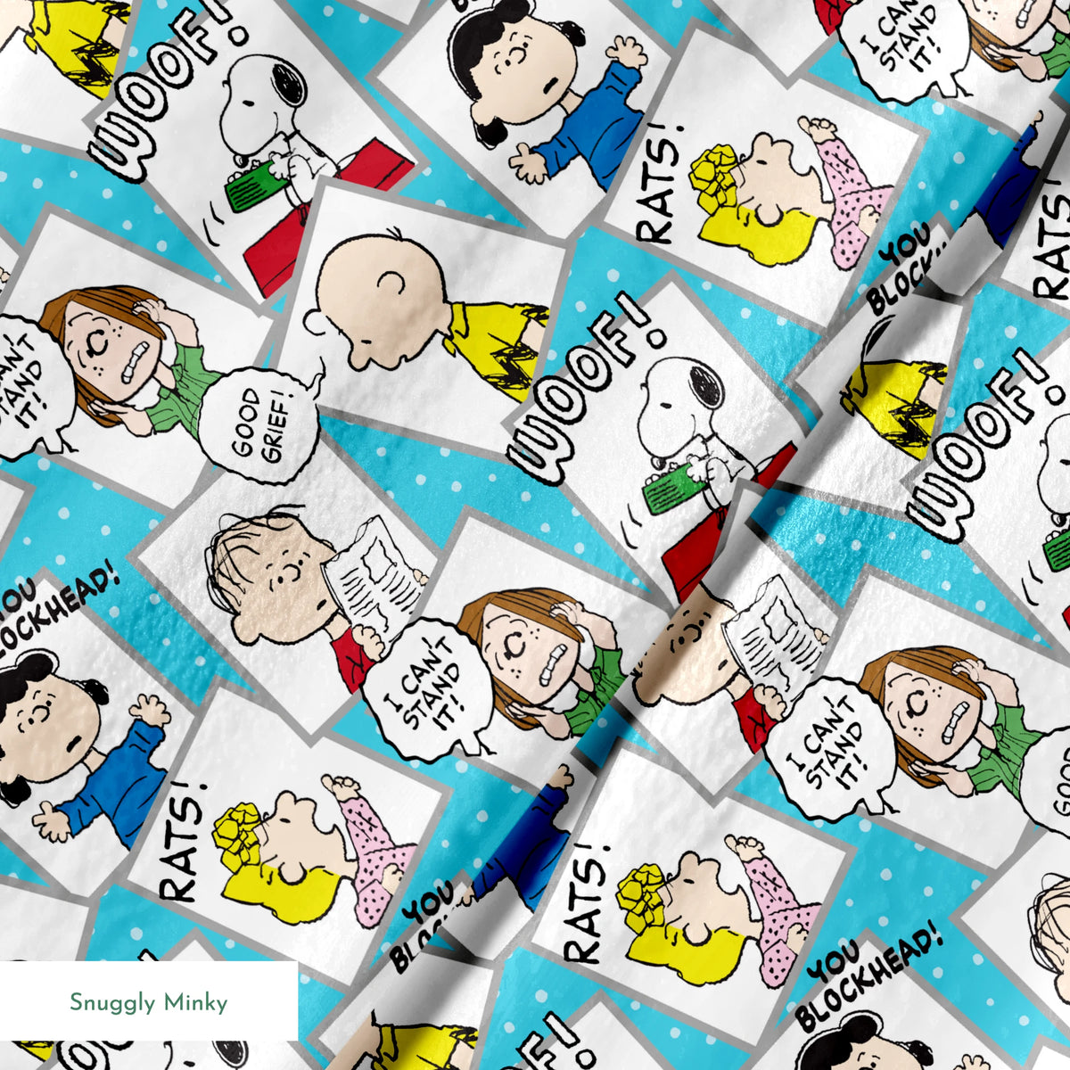 Peanuts comic characters in various expressions - Snoopy saying "WOOF!", speech bubbles with "RATS!", "I CAN'T STAND IT!", "YOU BLOCKHEAD!" and "GOOD GRIEF! springs minky texture