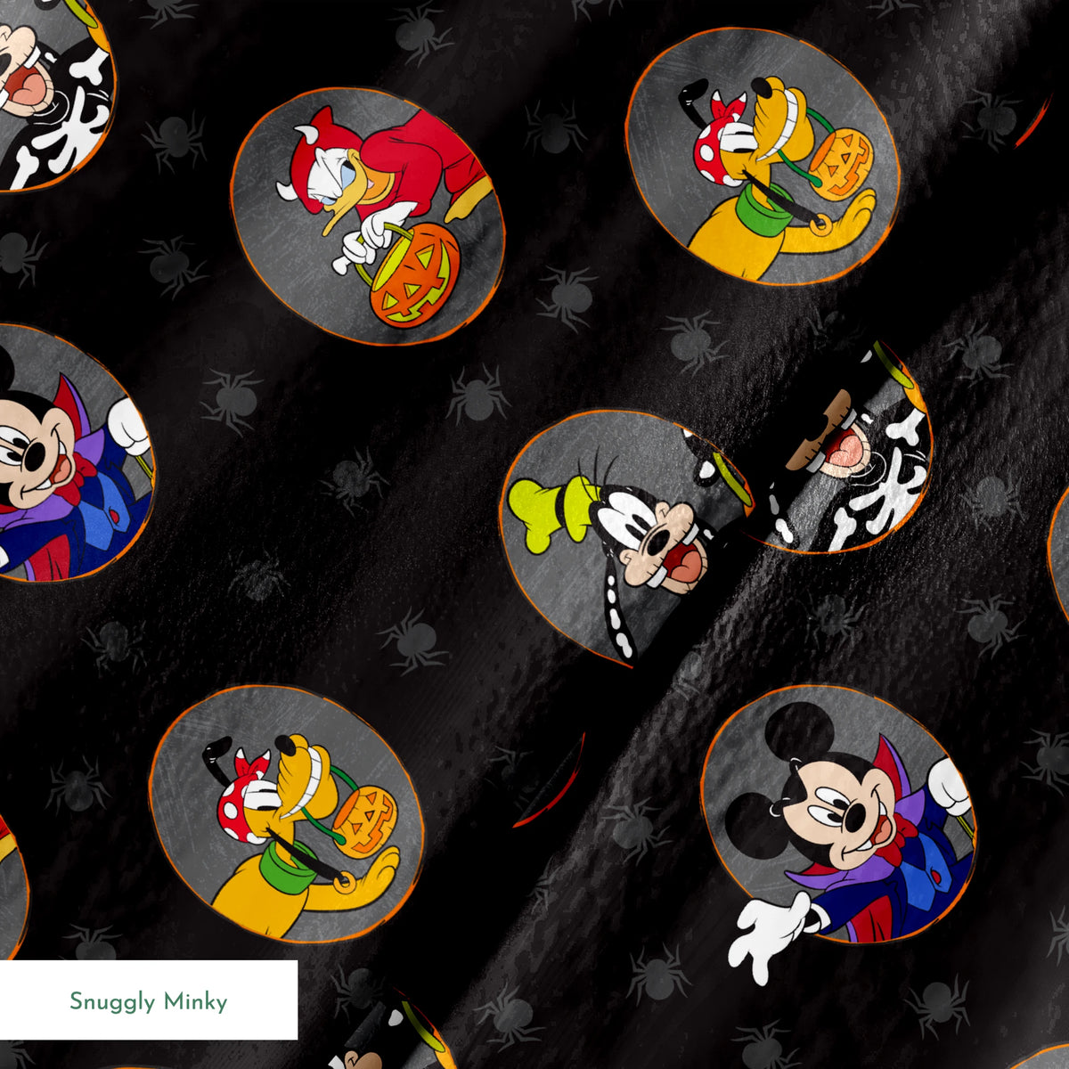 Disney characters in Halloween costumes on black background with spider pattern. Mickey as vampire, Donald with pumpkin, Pluto with candy. springs minky texture