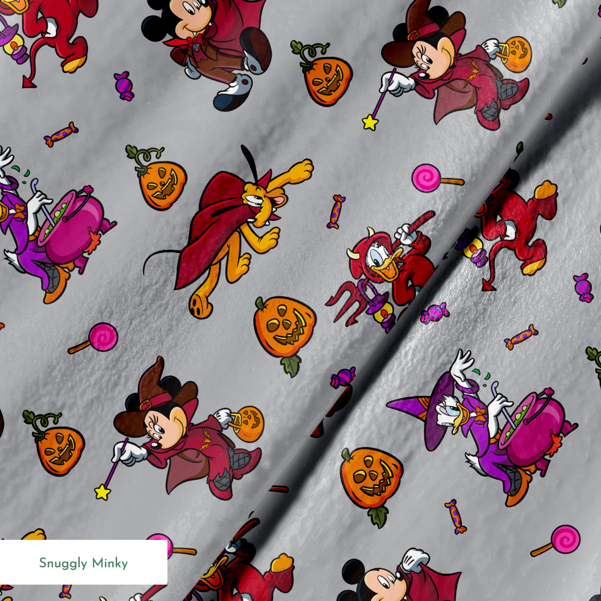 Halloween-themed cartoon pattern with Mickey Mouse characters in costumes, pumpkins, candy, and cauldrons on gray background springs minky texture