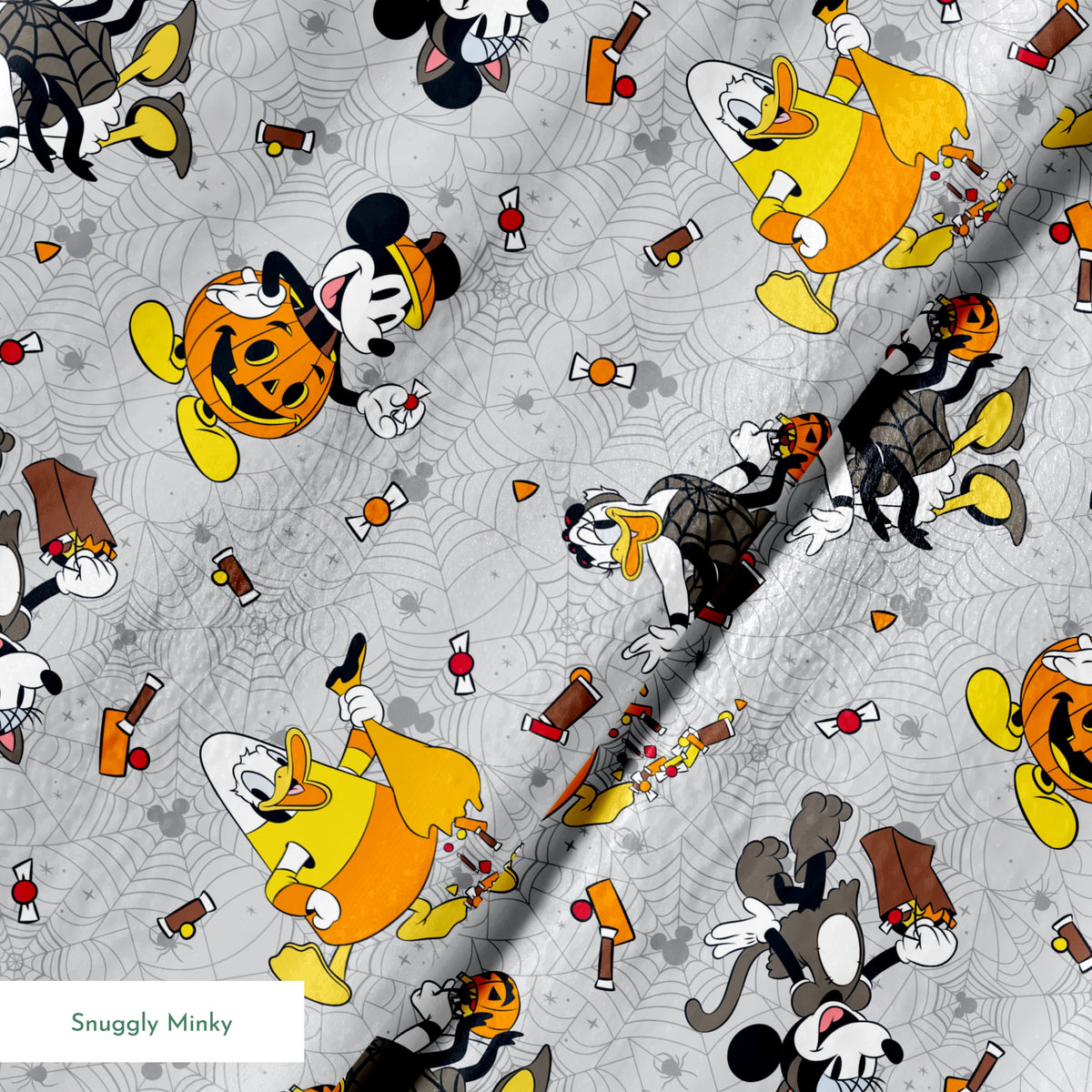 Disney characters on gray spider web pattern with candy corn scattered throughout, Halloween themed design. springs minky texture