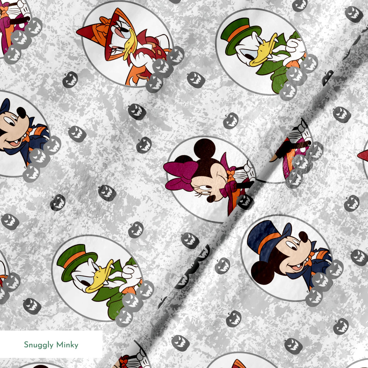 Disney Halloween pattern with Mickey in top hat, Donald in green hat, and Daisy in witch hat on gray background with pumpkins. springs minky texture