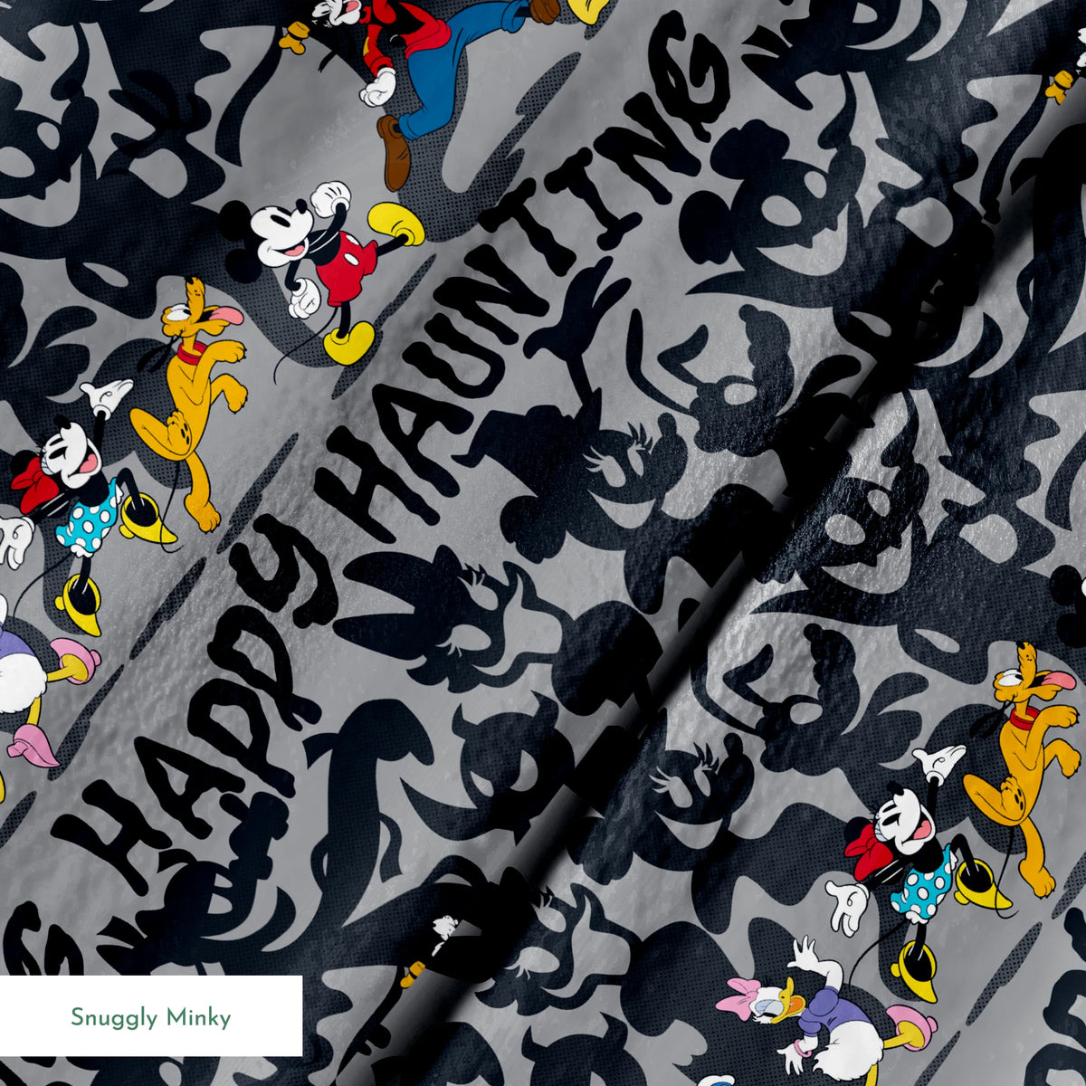 Classic Disney characters on dark gray background with "Happy Haunting" text, Mickey, Donald, and friends in Halloween-themed poses. springs minky texture