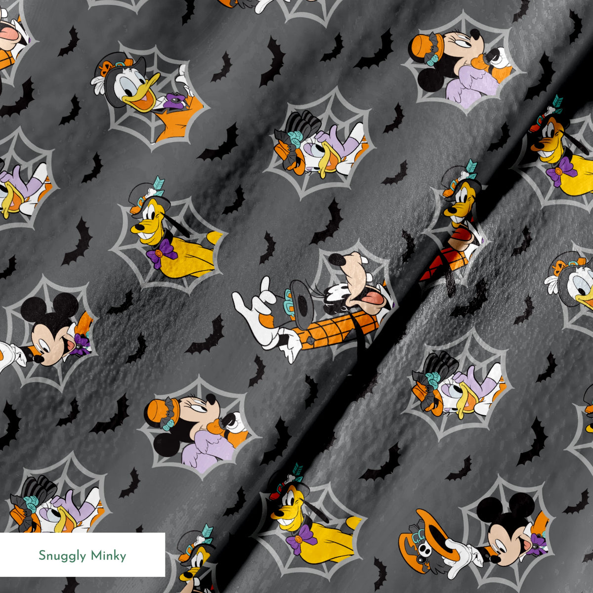 Disney cartoon characters in Halloween costumes on gray background with spider webs and bats springs minky texture