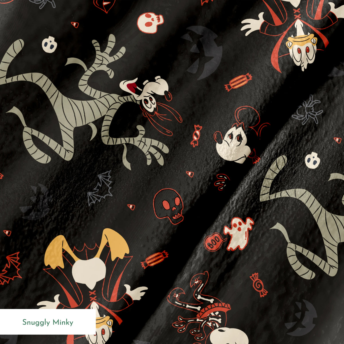 Disney Halloween pattern with Mickey & friends and candy on dark background springs minky texture
