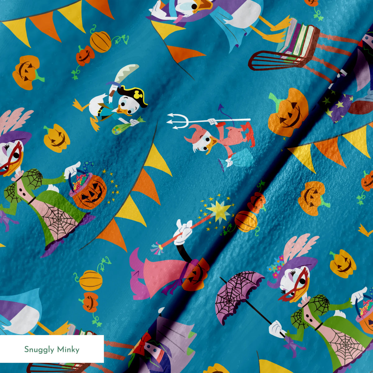 Whimsical Halloween pattern with Disney characters in costumes, pumpkins, and orange bunting on teal background. springs minky texture